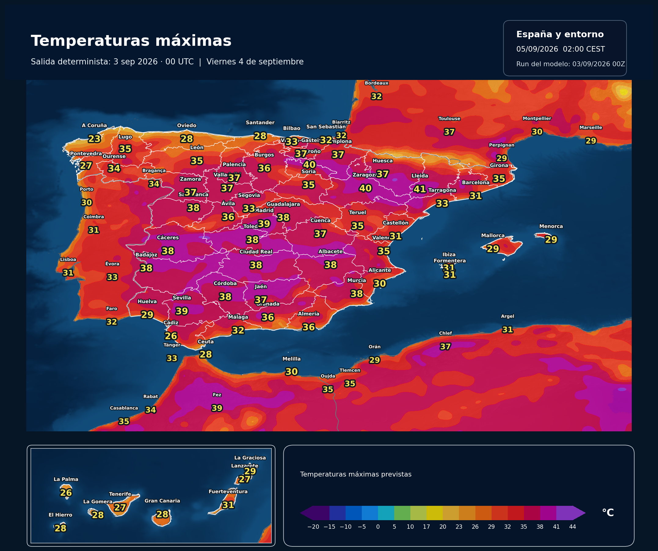 Temperaturas m&aacute;ximas previstas en Espa&ntilde;a para el viernes 4 de septiembre seg&uacute;n el modelo europeo
