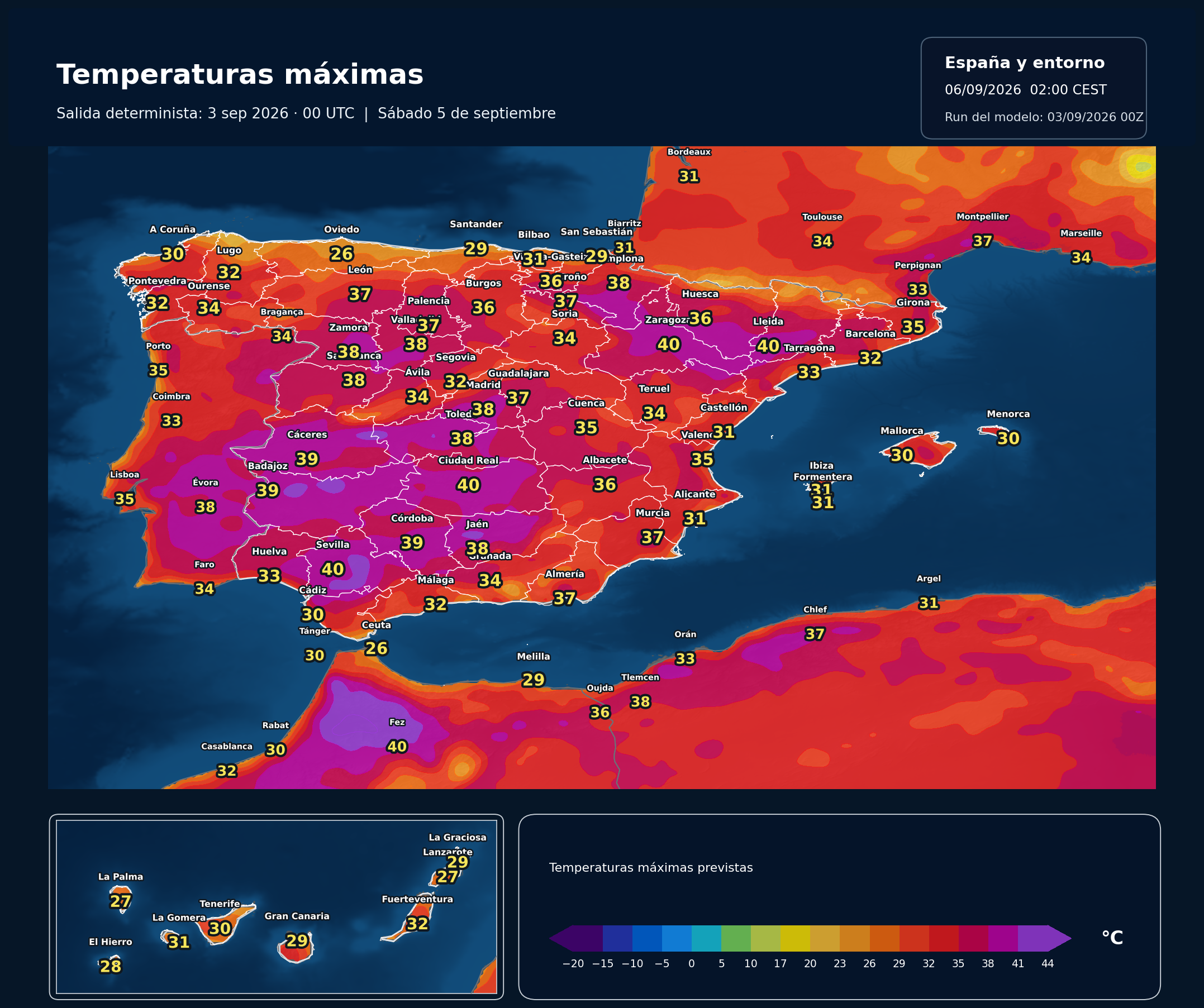 Temperaturas m&aacute;ximas previstas en Espa&ntilde;a para el s&aacute;bado 5 de septiembre seg&uacute;n el modelo europeo
