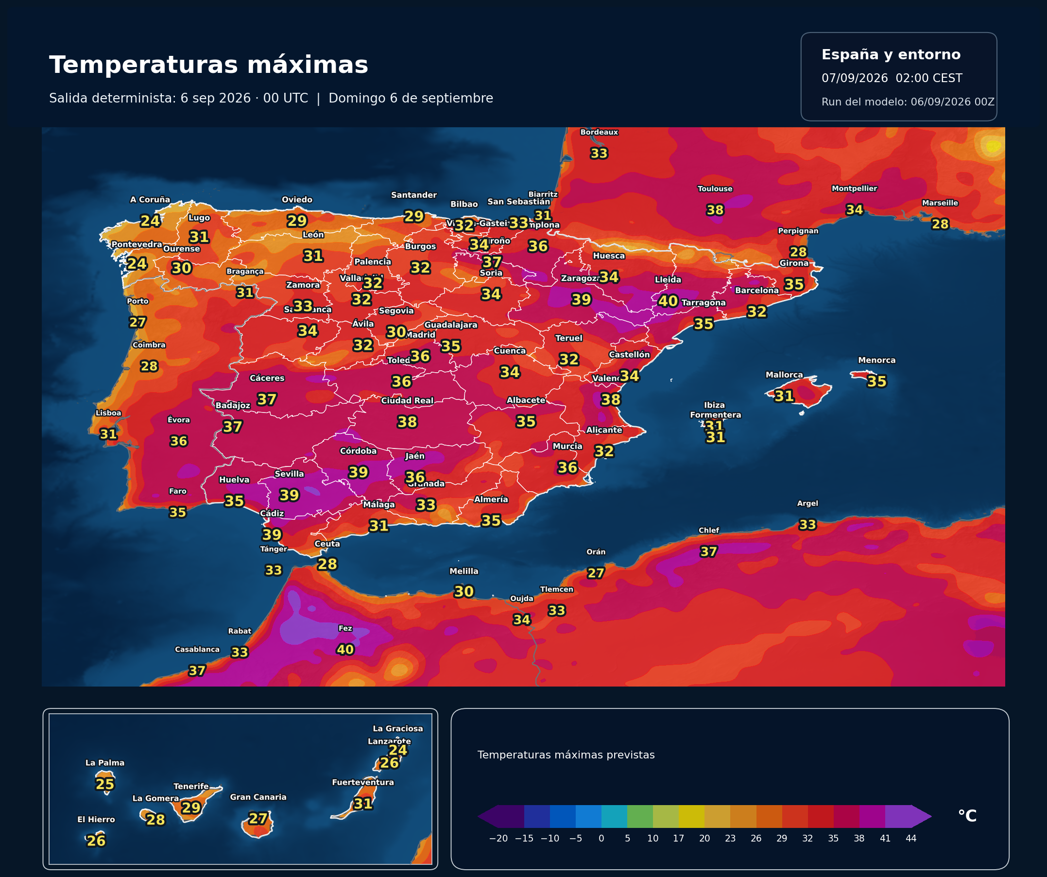 Temperaturas máximas previstas en España para el domingo 6 de septiembre según el modelo europeo