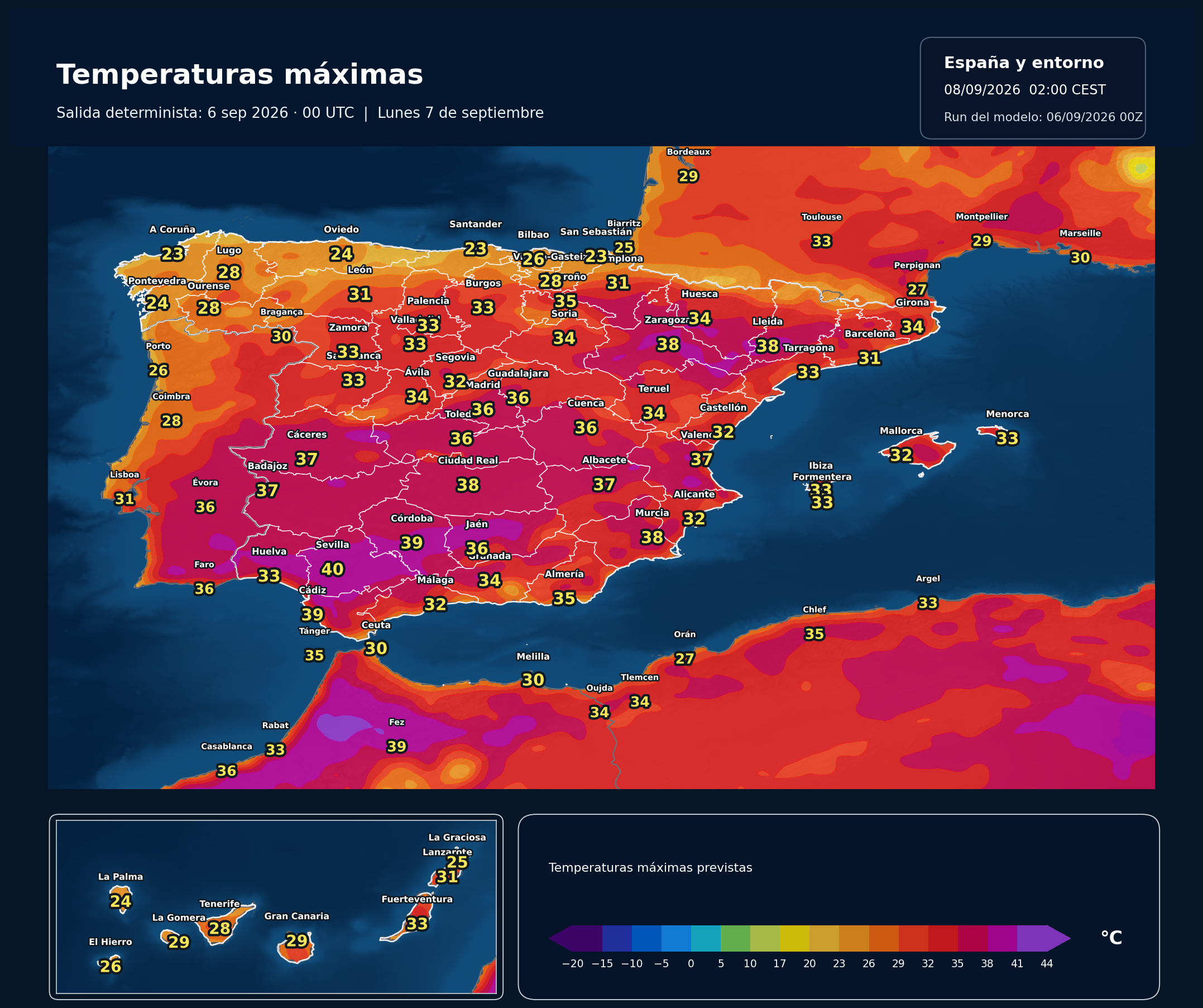 Temperaturas máximas previstas en España para el lunes 7 de septiembre según el modelo europeo