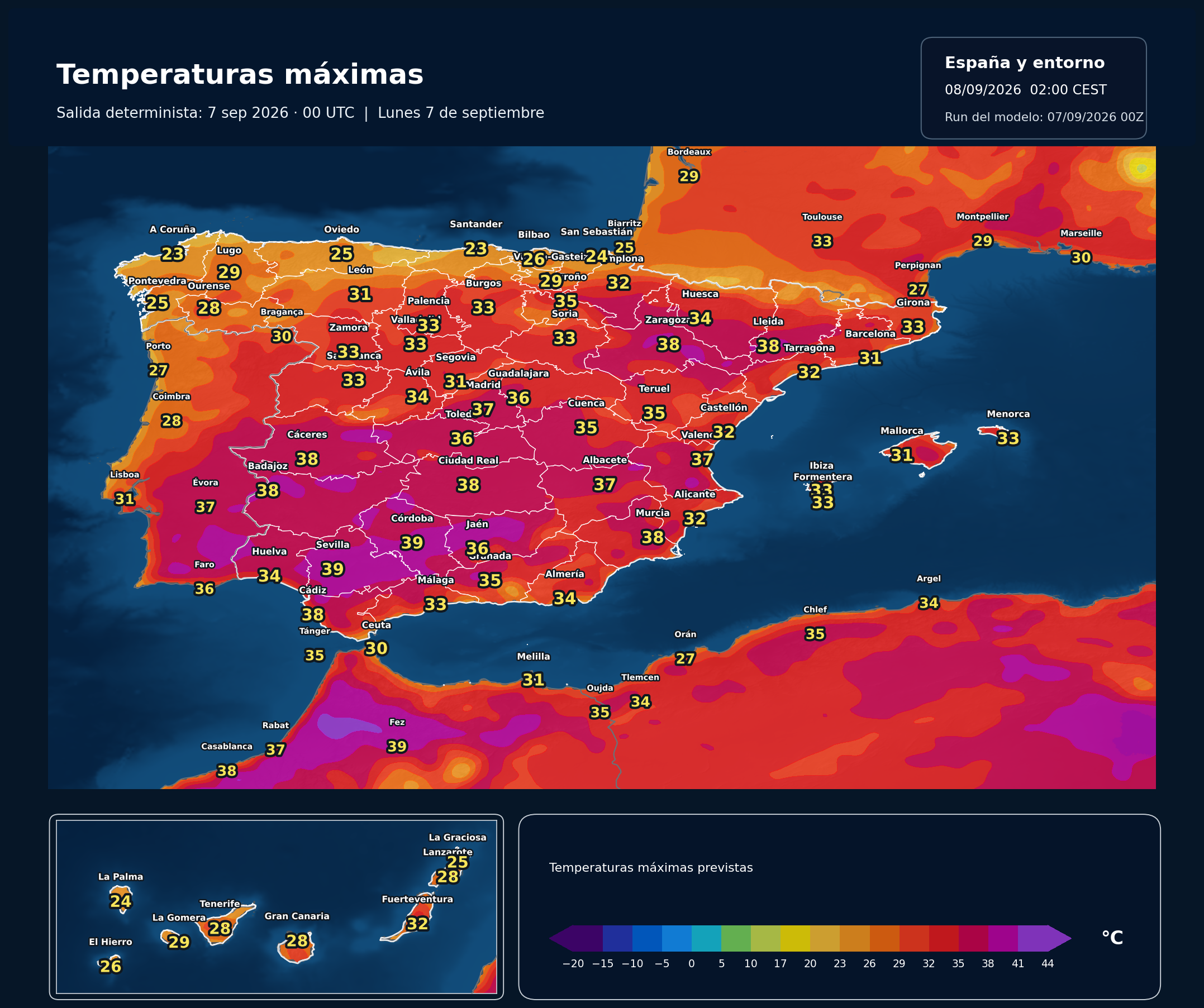 Temperaturas máximas previstas en España para el lunes 7 de septiembre según el modelo europeo