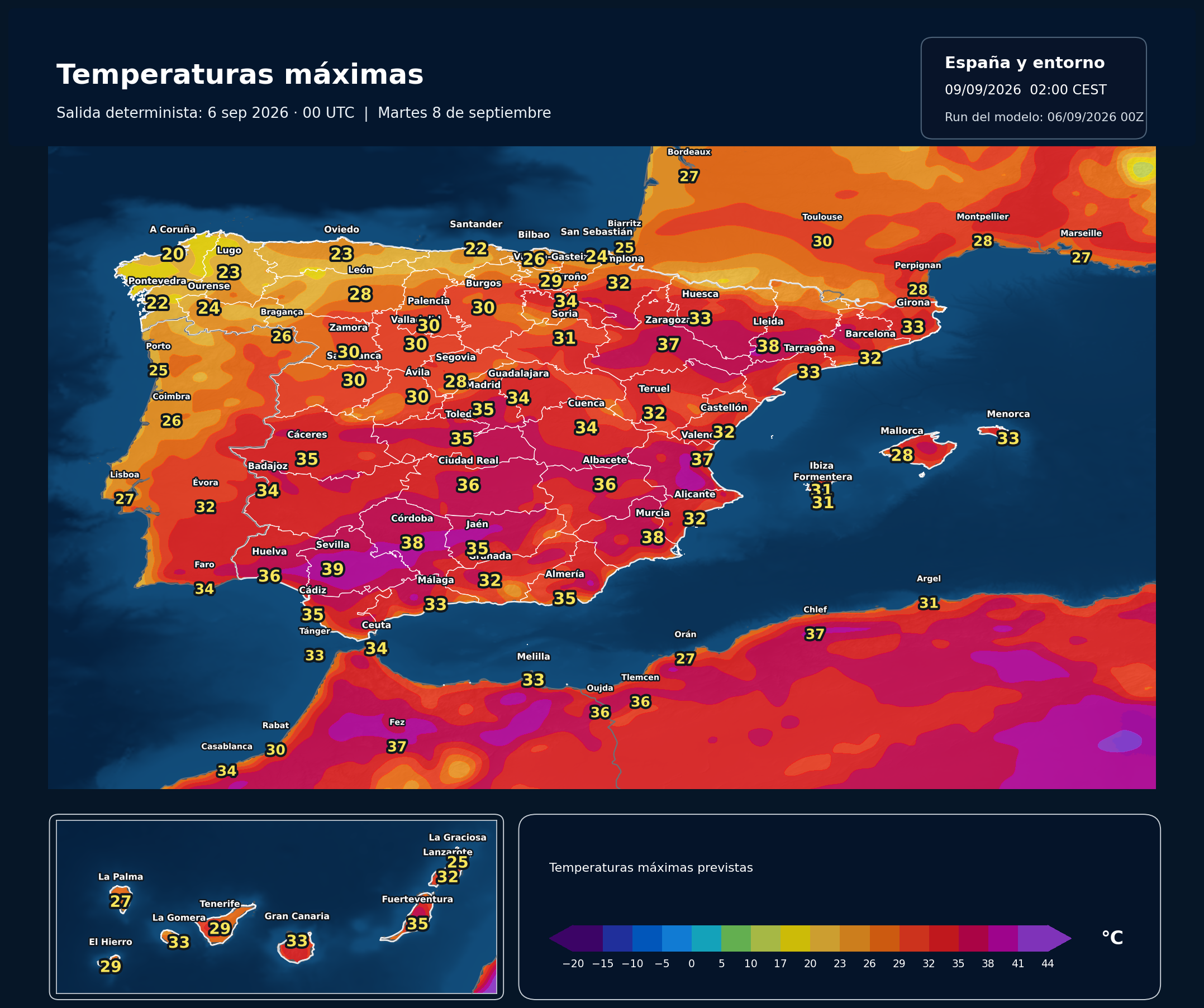 Temperaturas máximas previstas en España para el martes 8 de septiembre según el modelo europeo