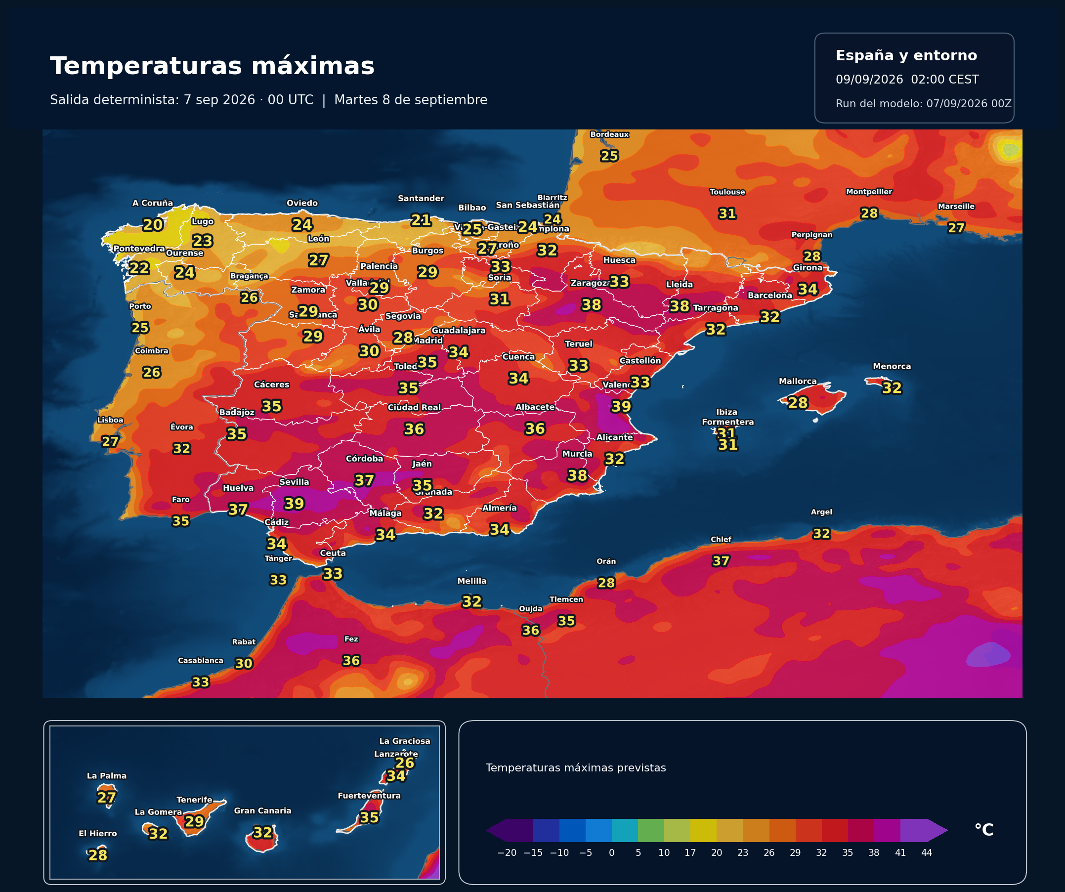 Temperaturas máximas previstas en España para el martes 8 de septiembre según el modelo europeo