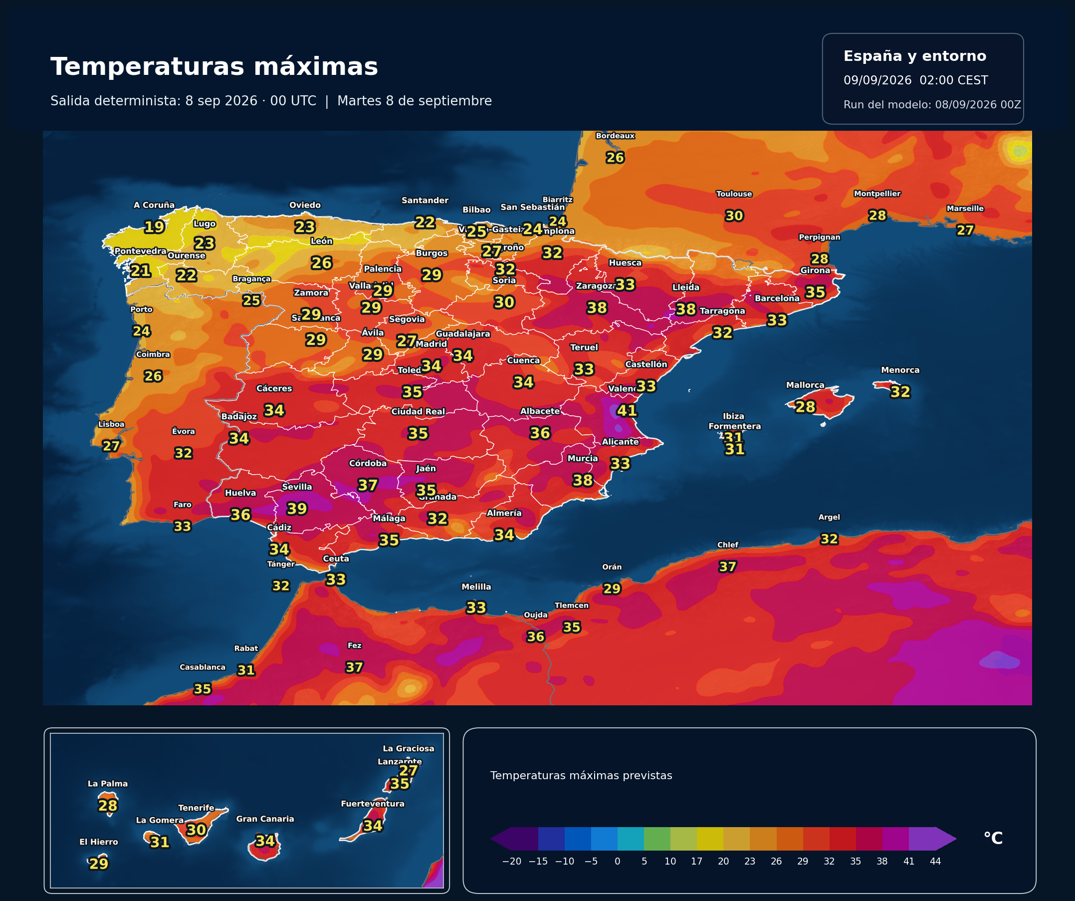Temperaturas máximas previstas en España para el martes 8 de septiembre según el modelo europeo