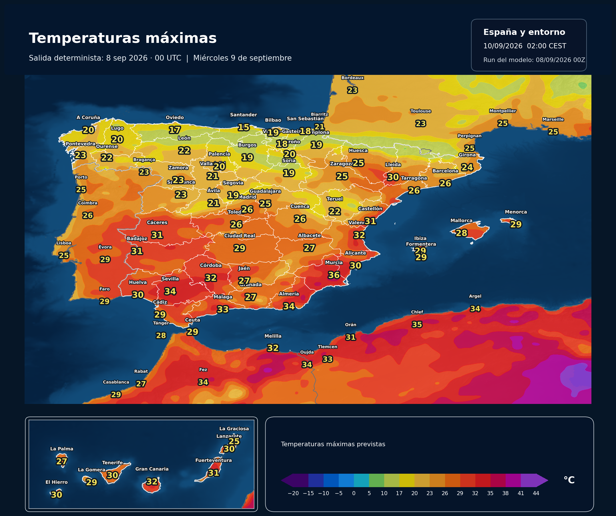 Temperaturas máximas previstas en España para el miércoles 9 de septiembre según el modelo europeo