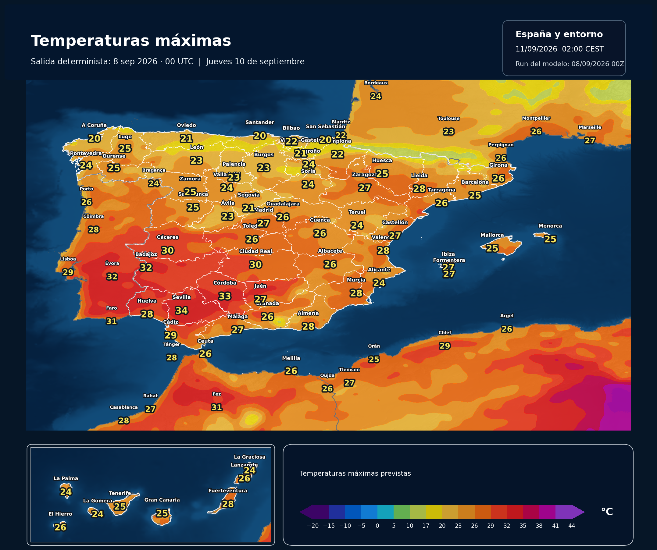 Temperaturas máximas previstas en España para el jueves 10 de septiembre según el modelo europeo