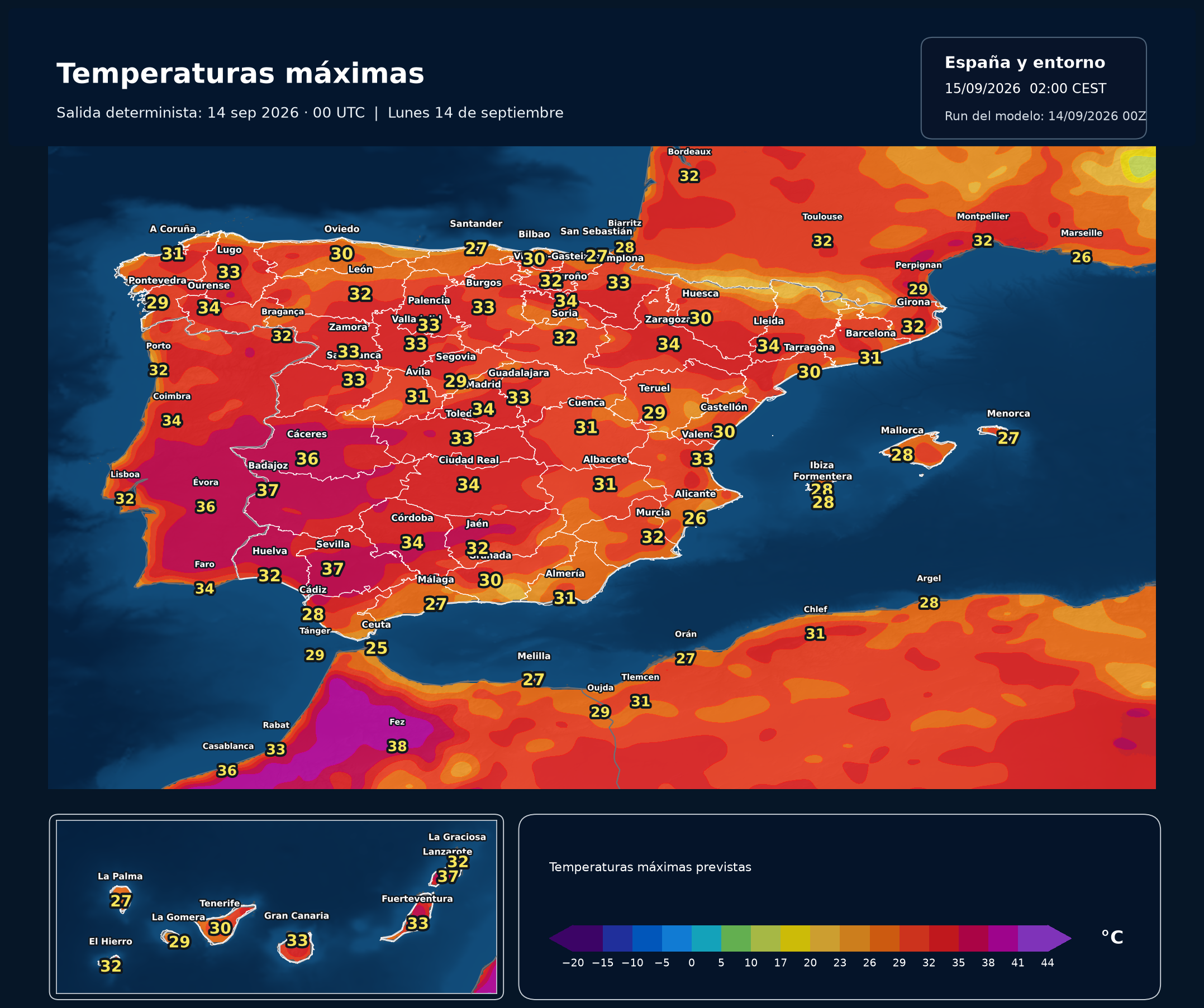 Temperaturas máximas previstas en España para el lunes 14 de septiembre según el modelo europeo