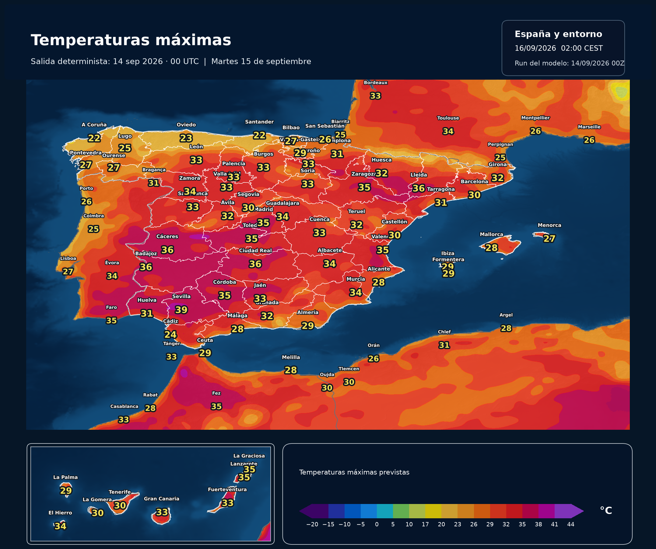 Temperaturas máximas previstas en España para el martes 15 de septiembre según el modelo europeo