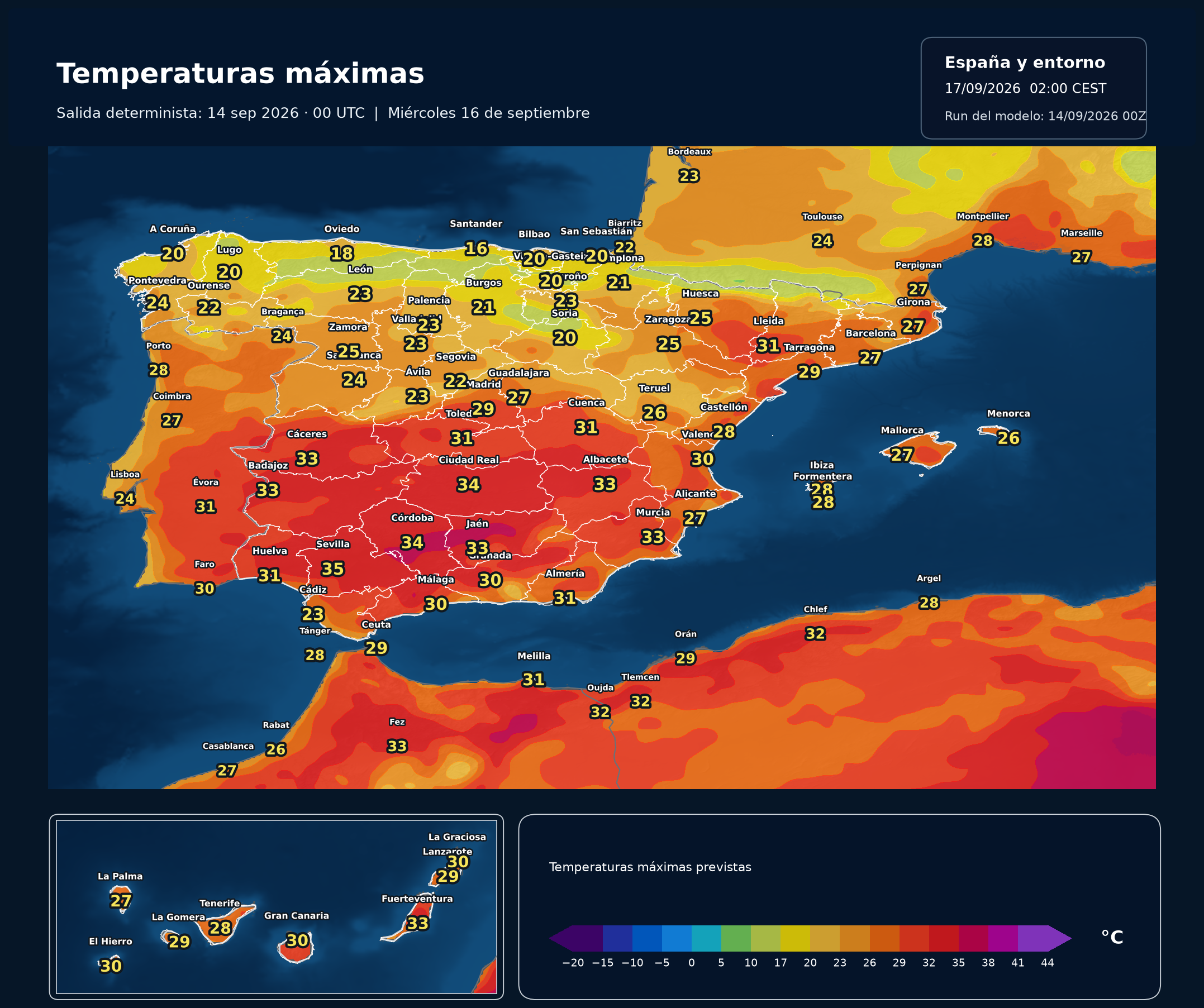 Temperaturas máximas previstas en España para el miércoles 16 de septiembre según el modelo europeo