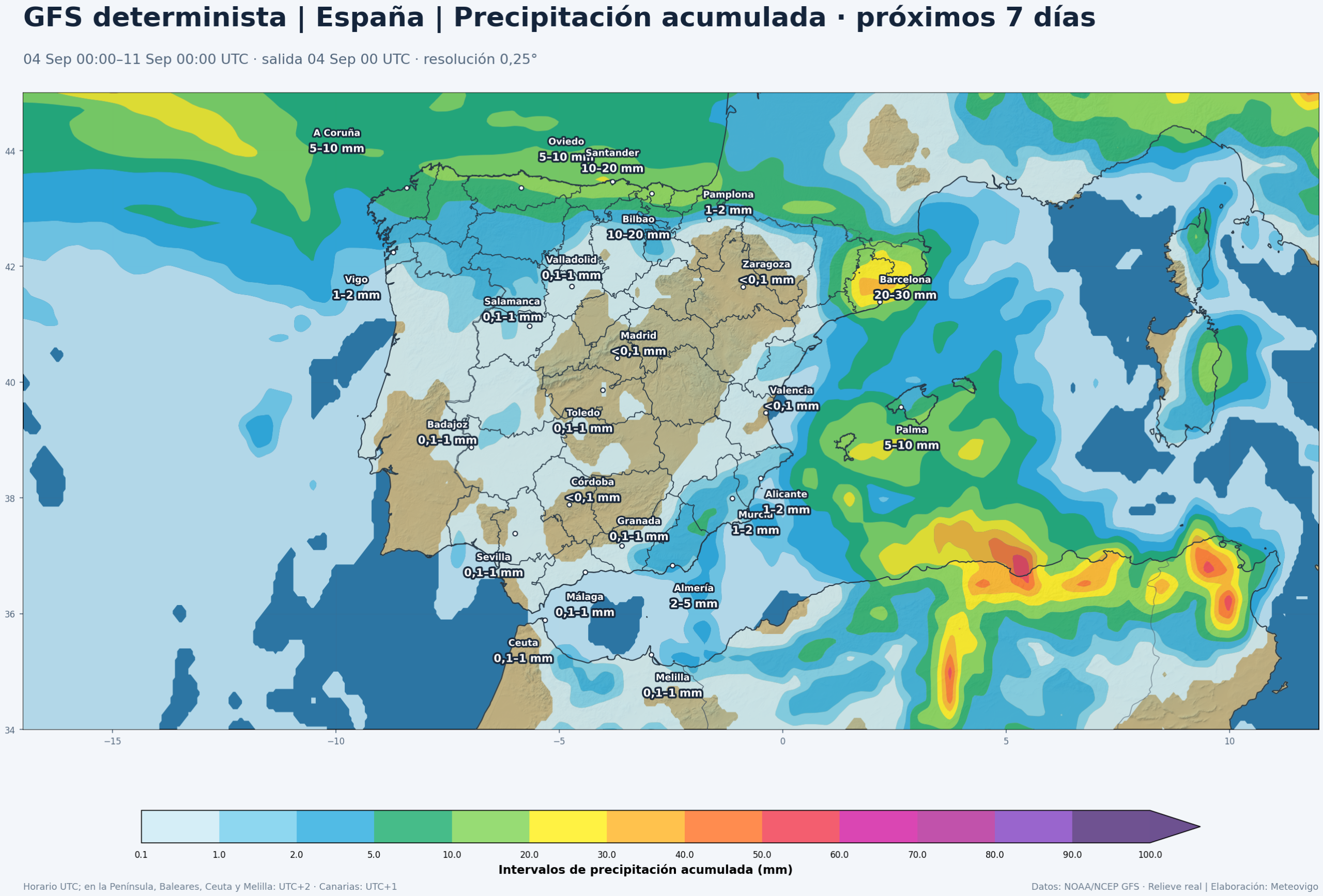 Precipitación acumulada prevista por el GFS determinista en la Península, Baleares, Ceuta y Melilla del 4 al 11 de septiembre de 2026