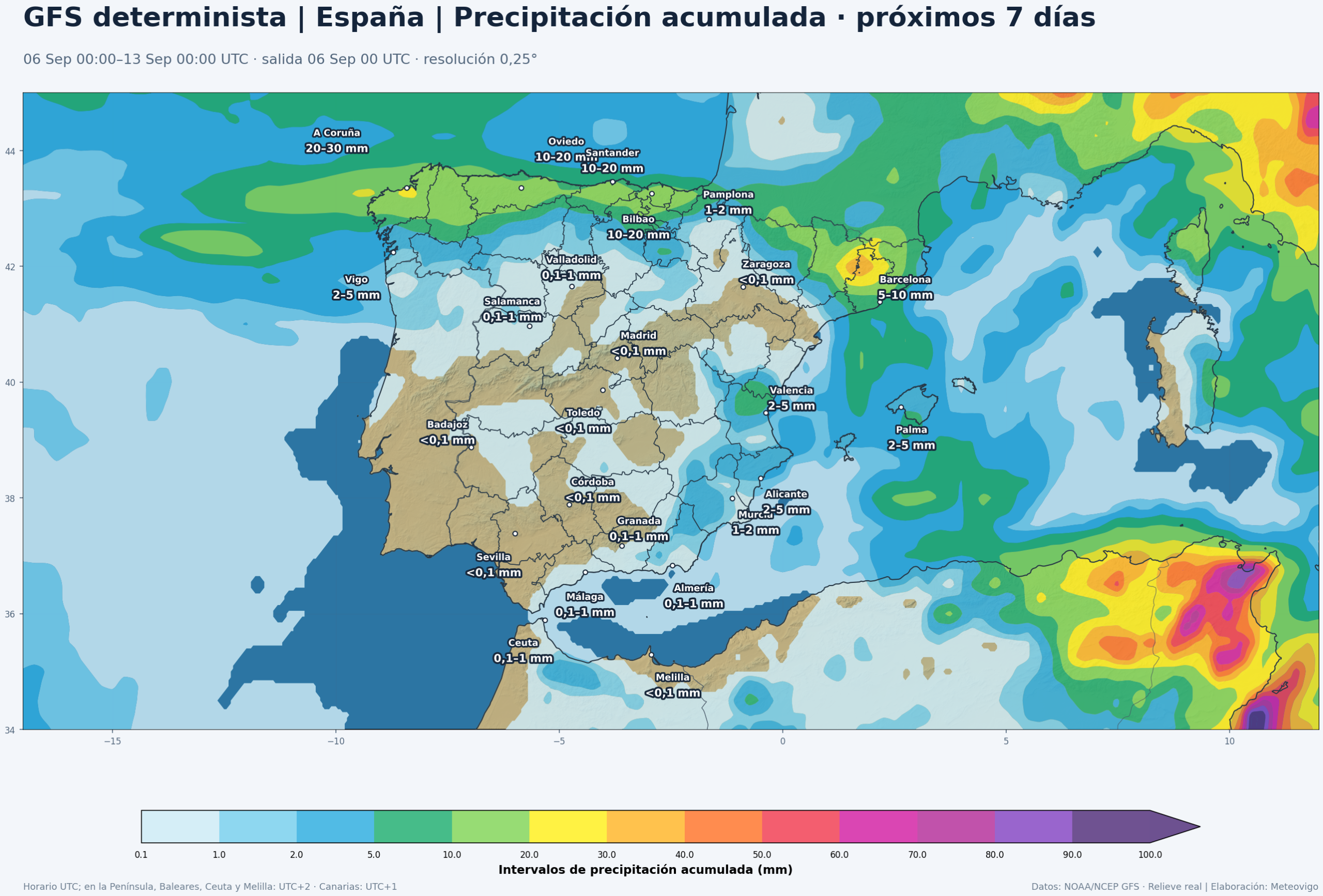 Precipitación acumulada prevista por el GFS determinista en la Península, Baleares, Ceuta y Melilla del 6 al 13 de septiembre de 2026