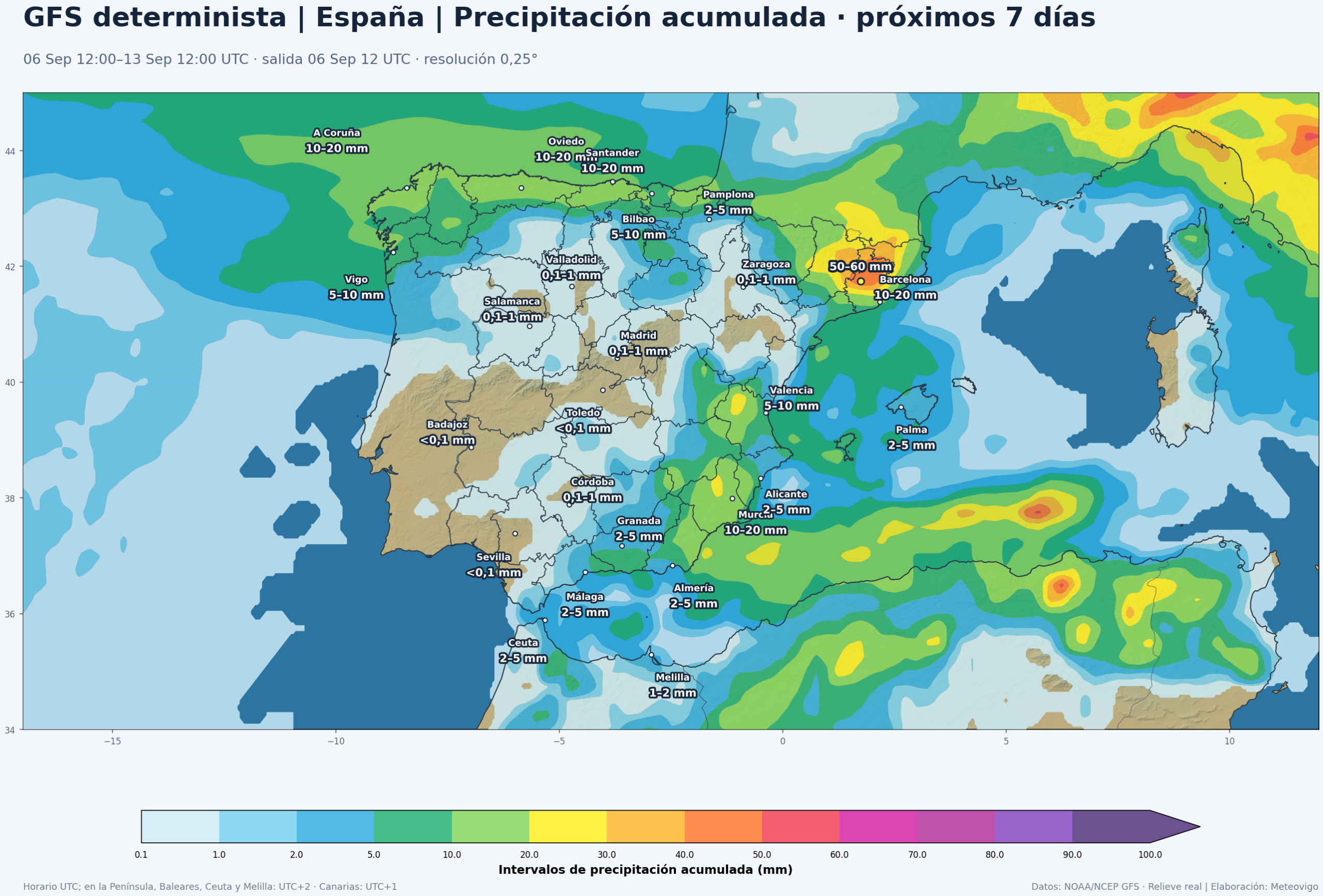 Precipitación acumulada prevista por el GFS determinista en la Península, Baleares, Ceuta y Melilla del 6 al 13 de septiembre de 2026, salida de las 12 UTC
