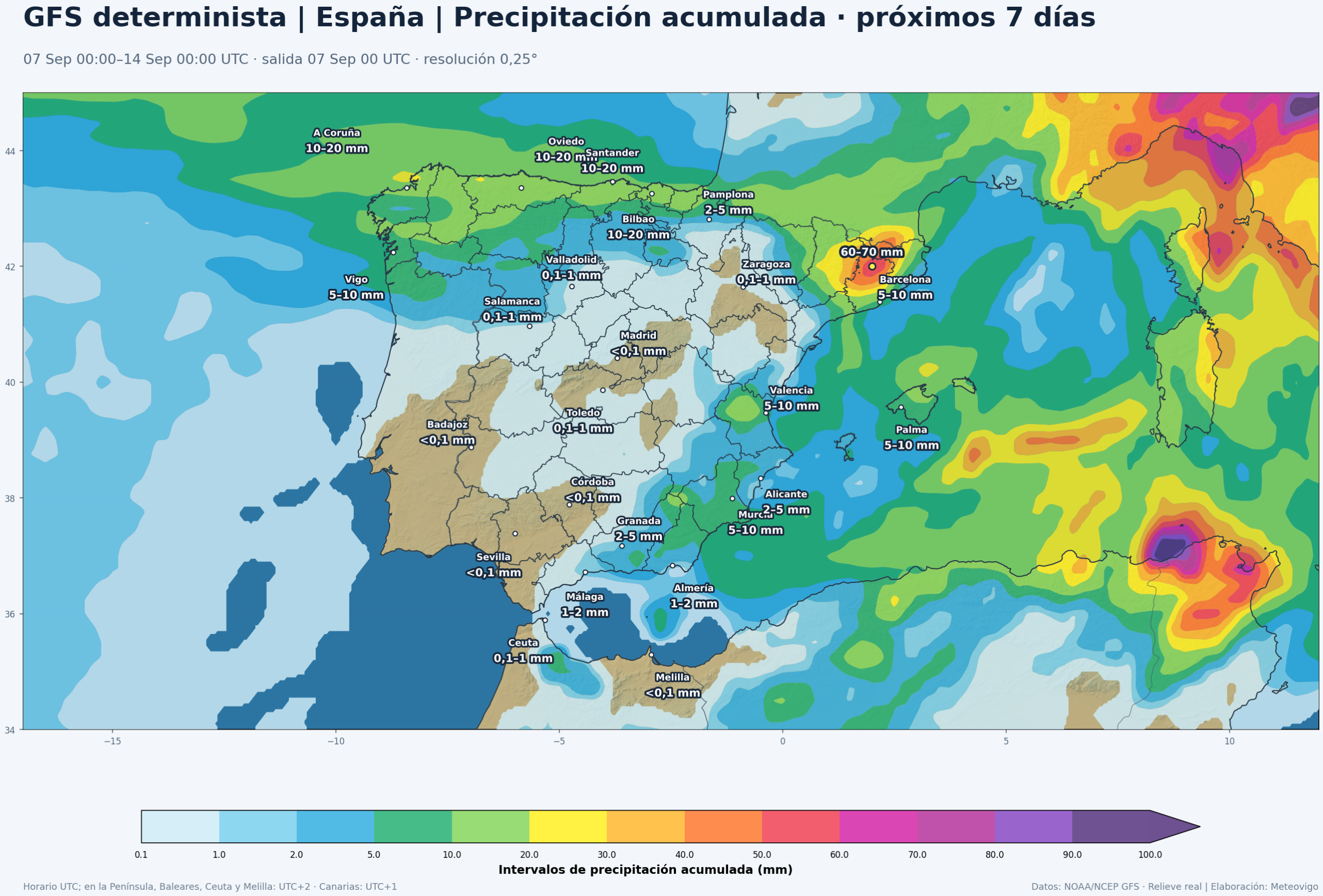 Precipitaci&oacute;n acumulada prevista por el GFS determinista en la Pen&iacute;nsula, Baleares, Ceuta y Melilla del 7 al 14 de septiembre de 2026