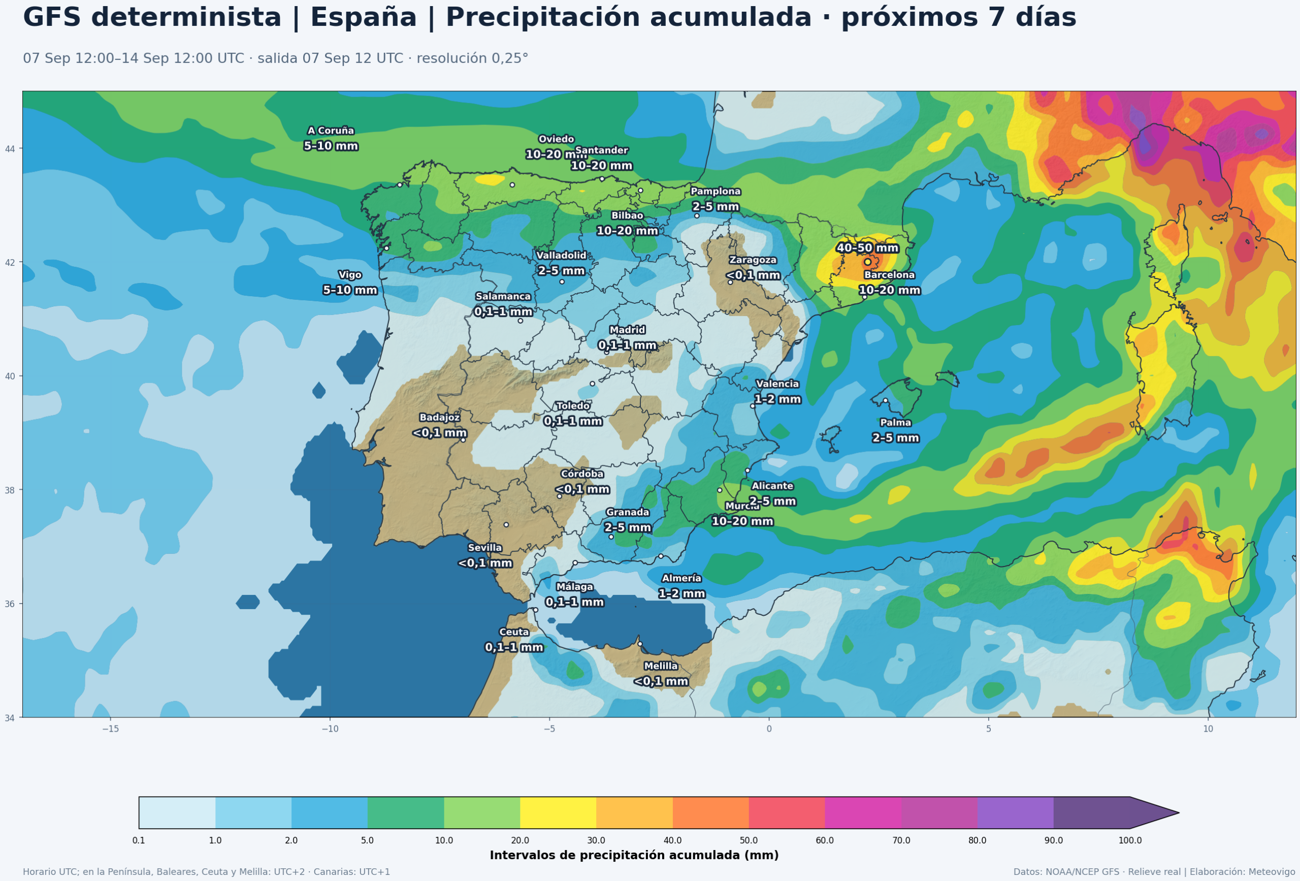 Precipitación acumulada prevista por el GFS determinista en la Península, Baleares, Ceuta y Melilla del 7 al 14 de septiembre de 2026