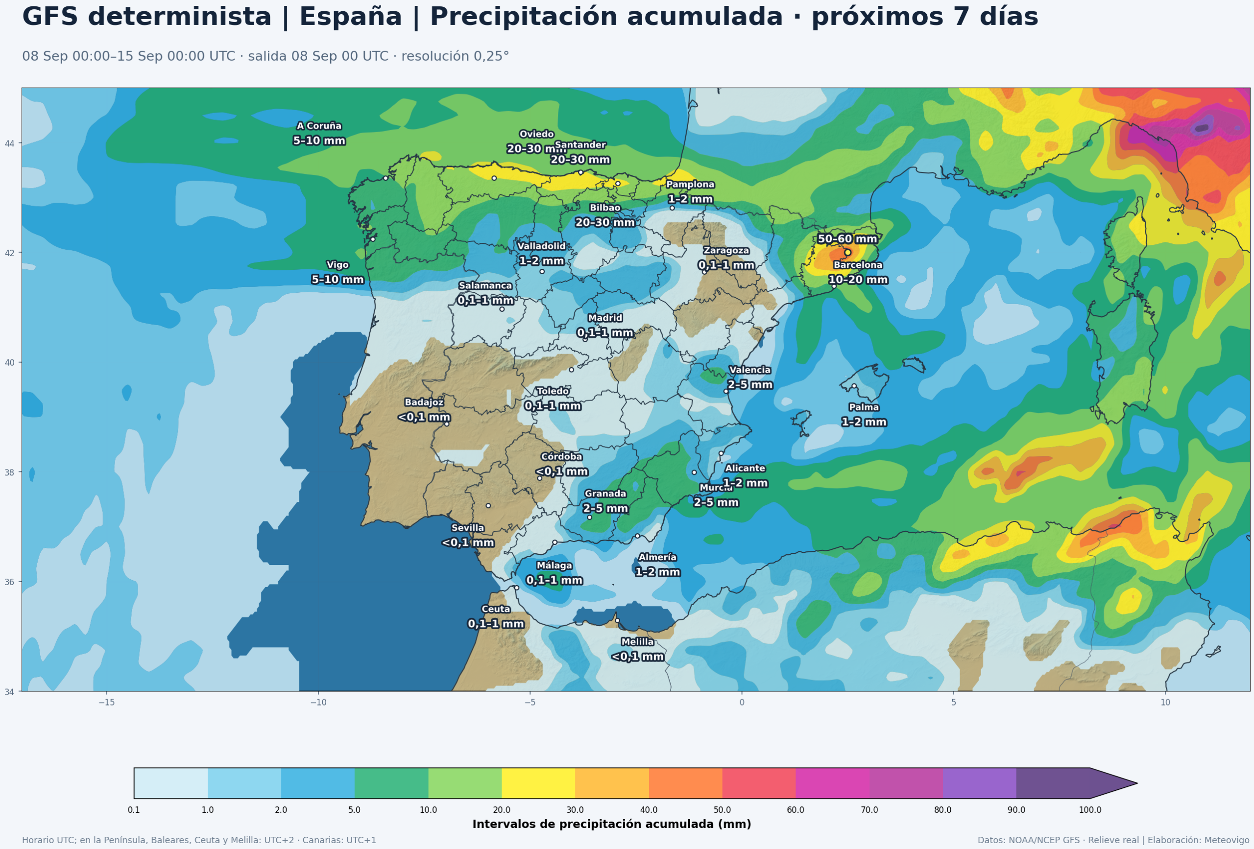 Precipitación acumulada prevista por el GFS determinista en la Península, Baleares, Ceuta y Melilla del 8 al 15 de septiembre de 2026