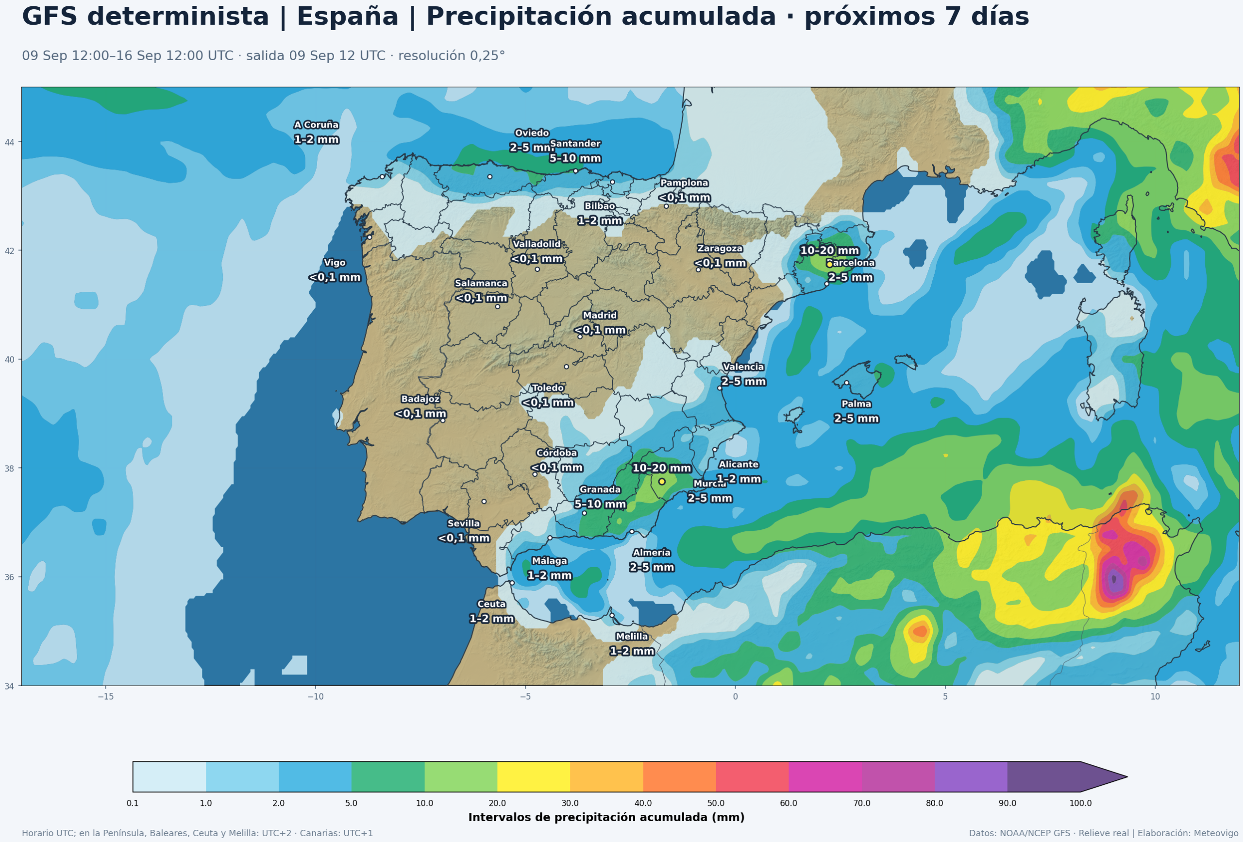Precipitación acumulada prevista por el GFS de las 12 UTC en la Península, Baleares, Ceuta y Melilla del 9 al 16 de septiembre de 2026
