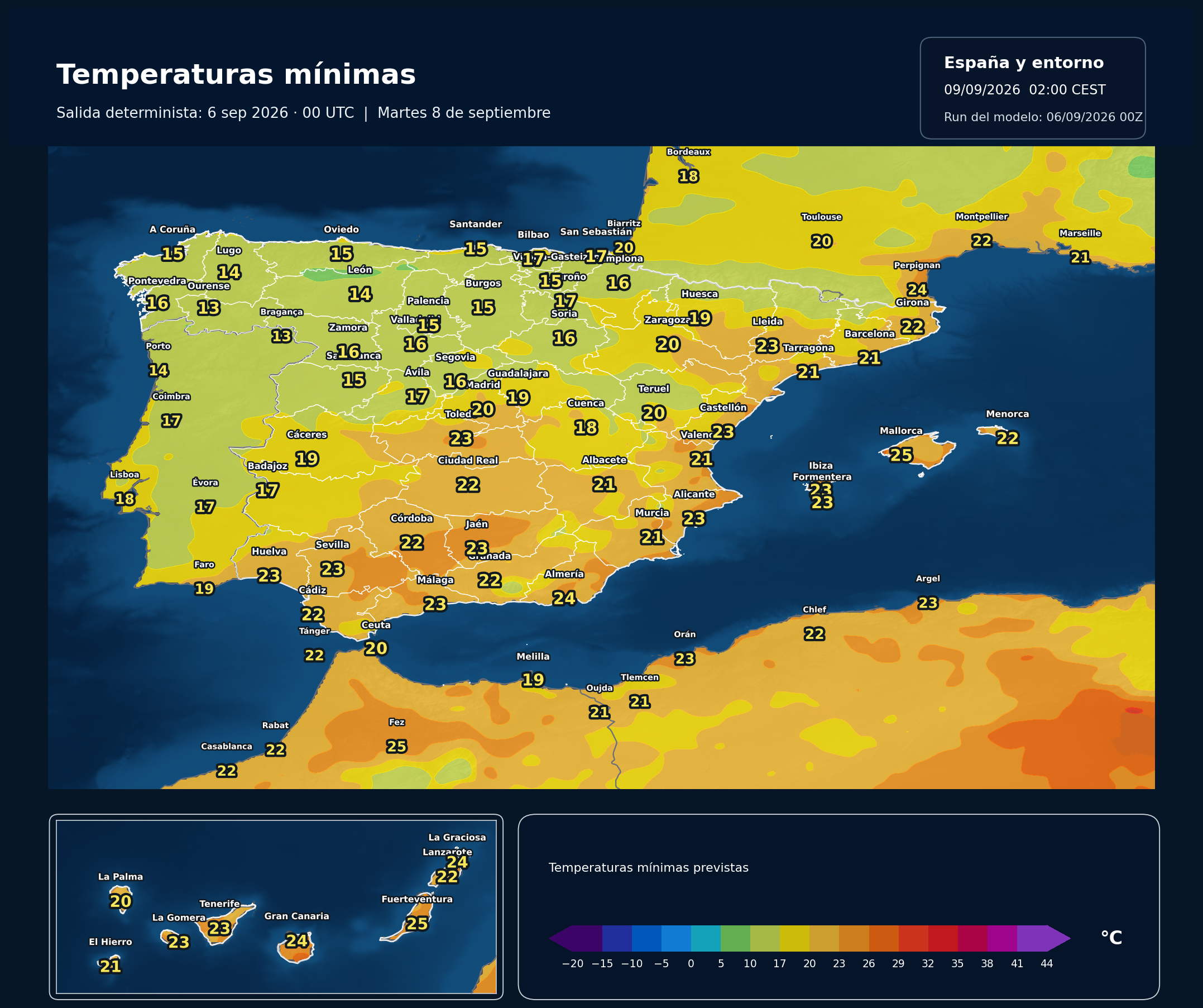 Temperaturas mínimas previstas en España para el martes 8 de septiembre según el modelo europeo