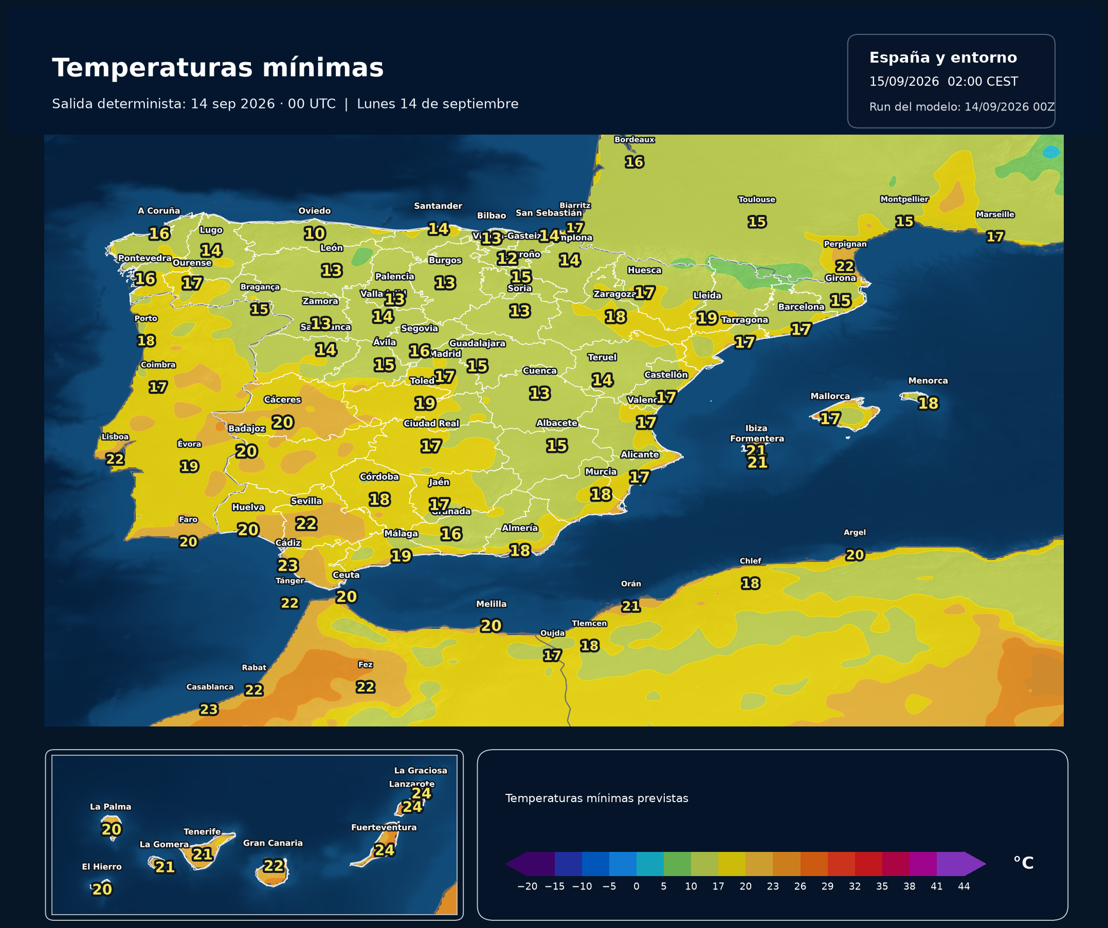 Temperaturas mínimas previstas en España para el lunes 14 de septiembre