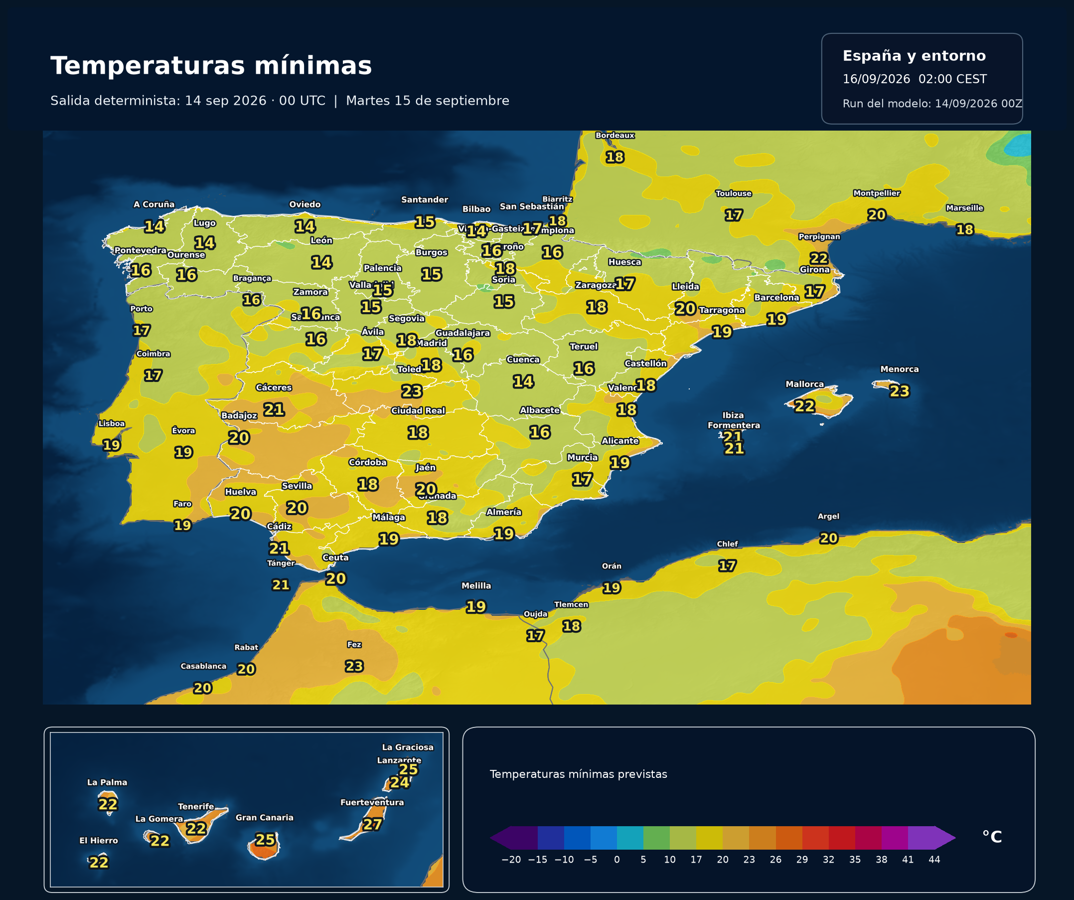 Temperaturas mínimas previstas en España para el martes 15 de septiembre