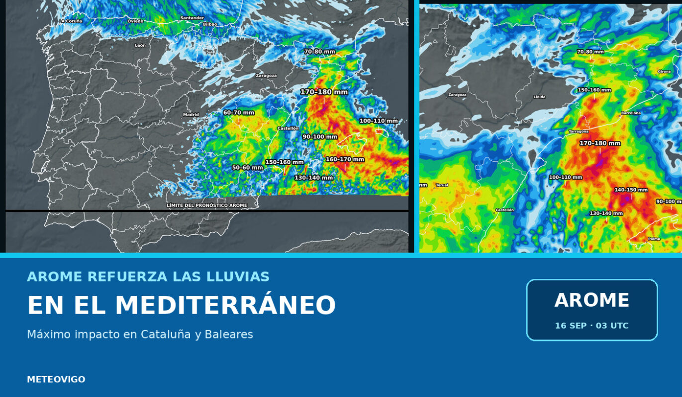 AROME refuerza las lluvias y tormentas en el Mediterráneo con el mayor impacto en Cataluña y Baleares