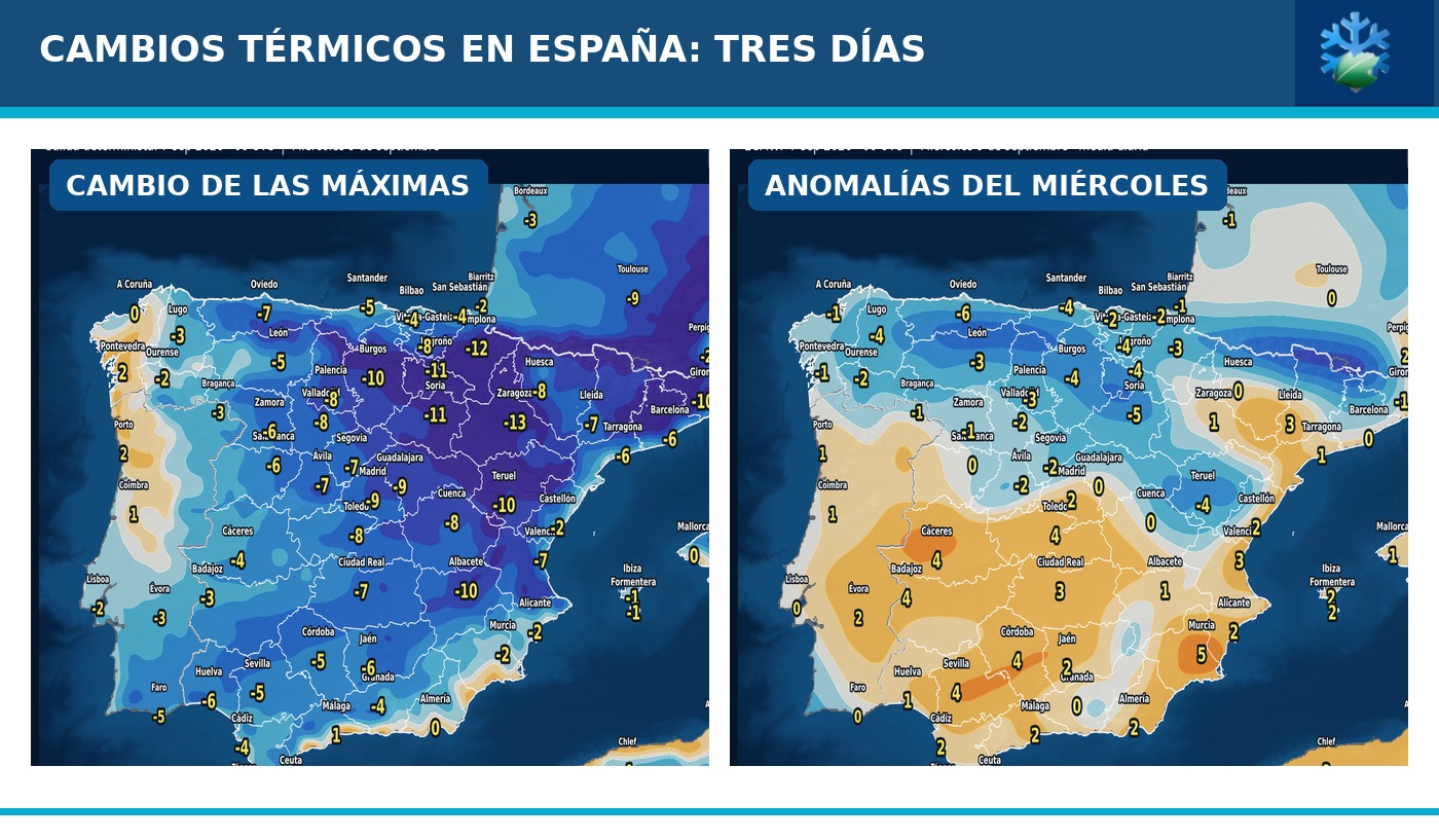 Portada del pronóstico de cambios de temperaturas y anomalías en España para los próximos tres días