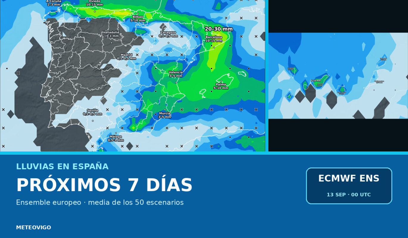 Pronóstico de lluvias en España con la media de los 50 escenarios del Ensemble europeo
