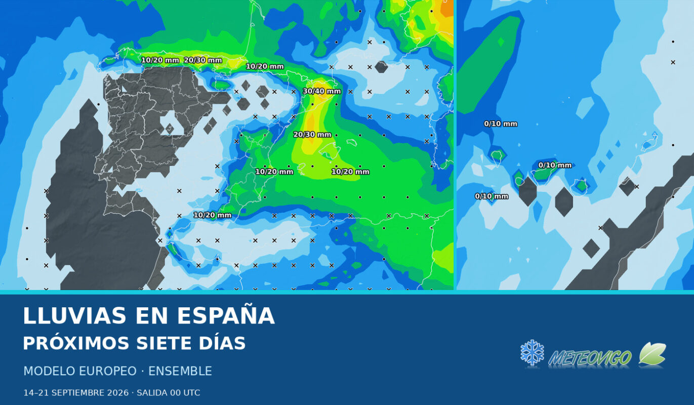 Pronóstico de lluvias en España con la media de los 50 escenarios del Ensemble europeo