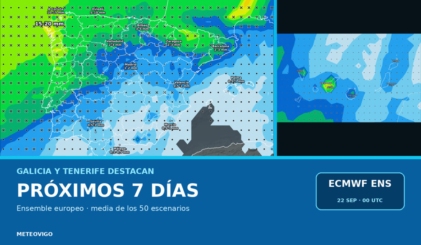 Pronóstico de lluvias con la media de los 50 escenarios del Ensemble europeo