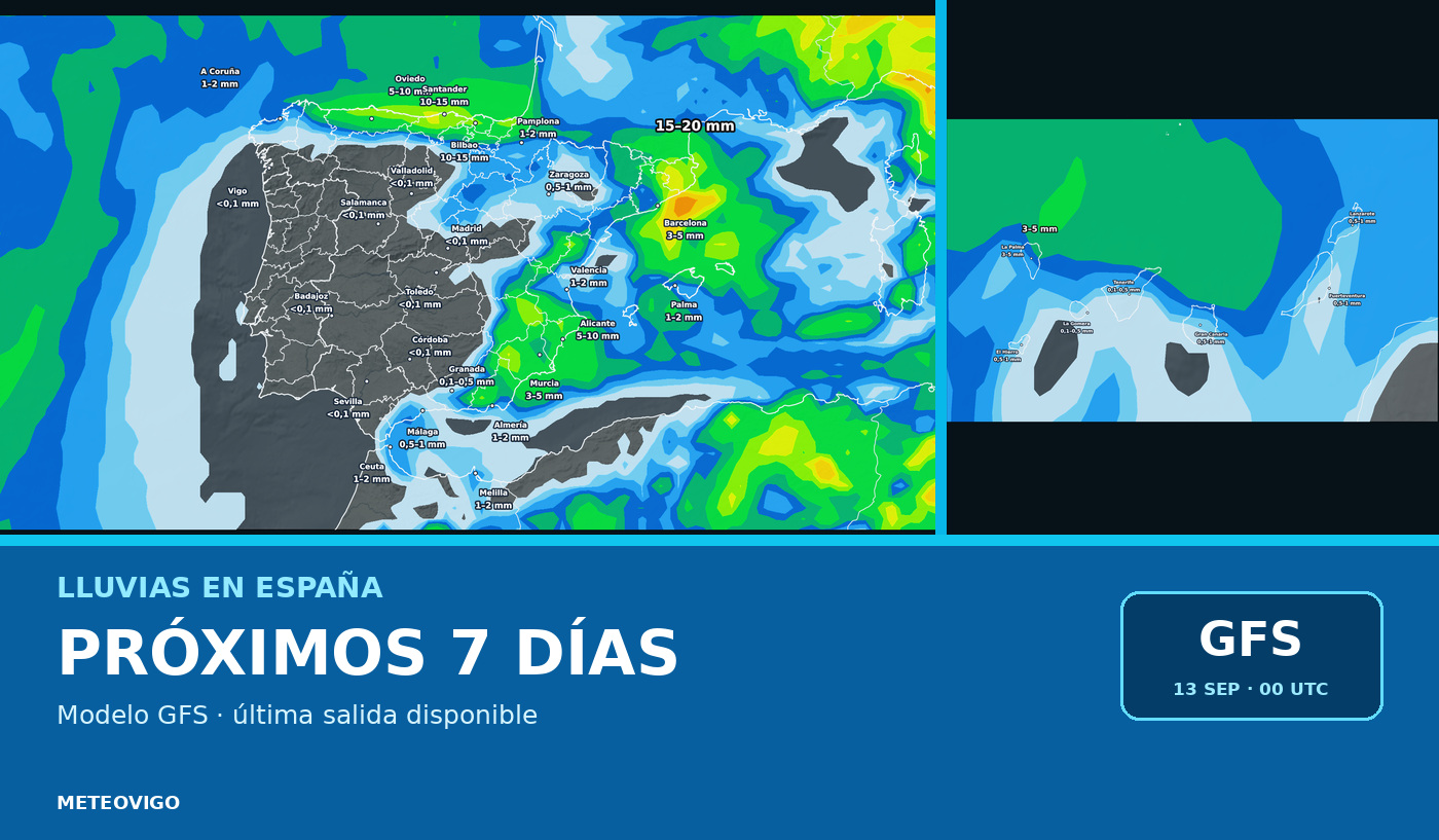 Pronóstico de lluvias en España para los próximos siete días con la última salida disponible del GFS