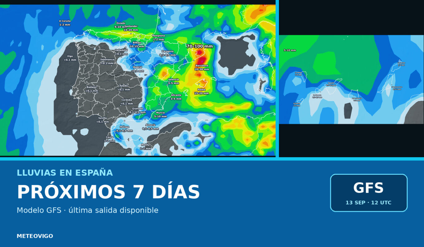 Pronóstico de lluvias en España para los próximos siete días con la salida GFS de la tarde