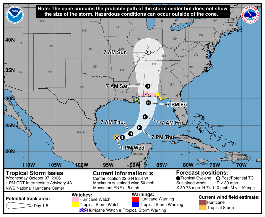 Seguimiento de la tormenta tropical Isaias con vigilancias de huracán activadas