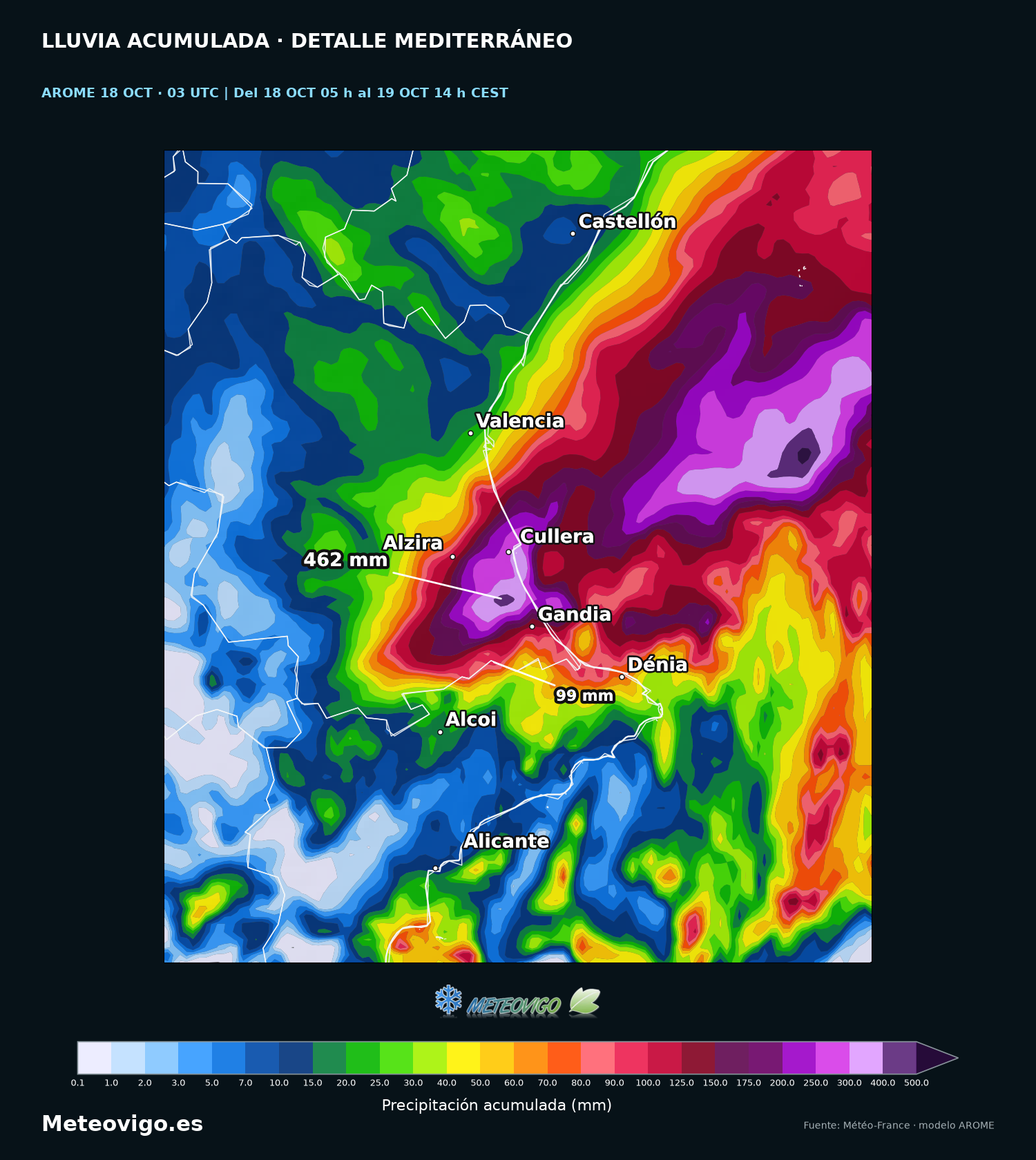 AROME de Météo-France: lluvias del 18 de octubre a las 02 h al 19 a las 14 h