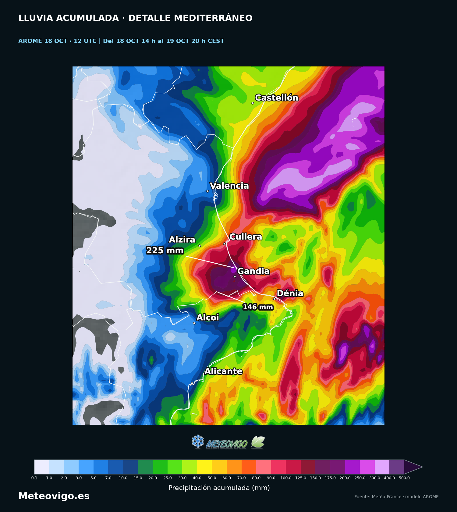 AROME 12 UTC: lluvia acumulada en el mismo periodo de 30 horas