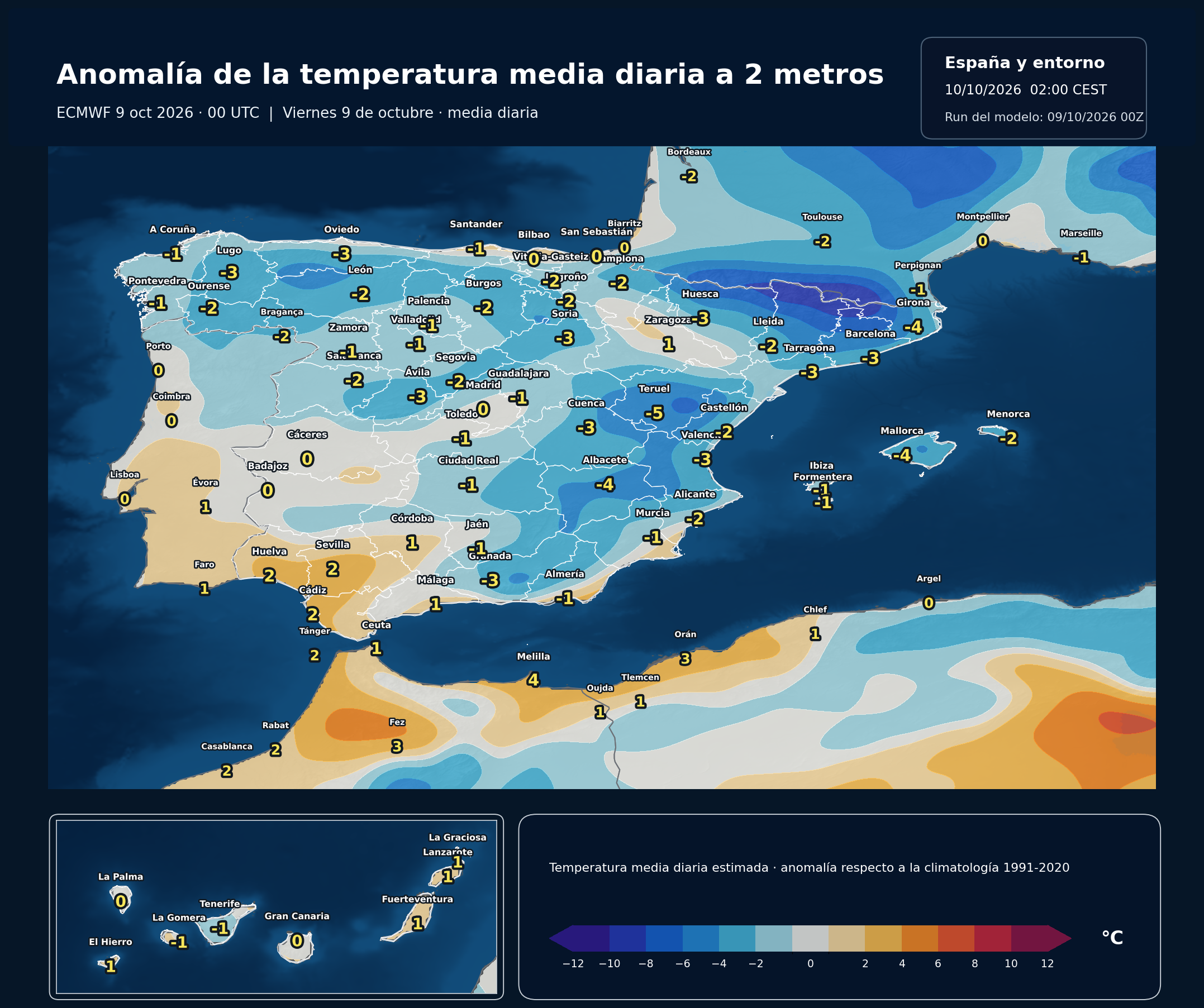Anomalías térmicas previstas en España para el viernes 9 de octubre según el modelo europeo