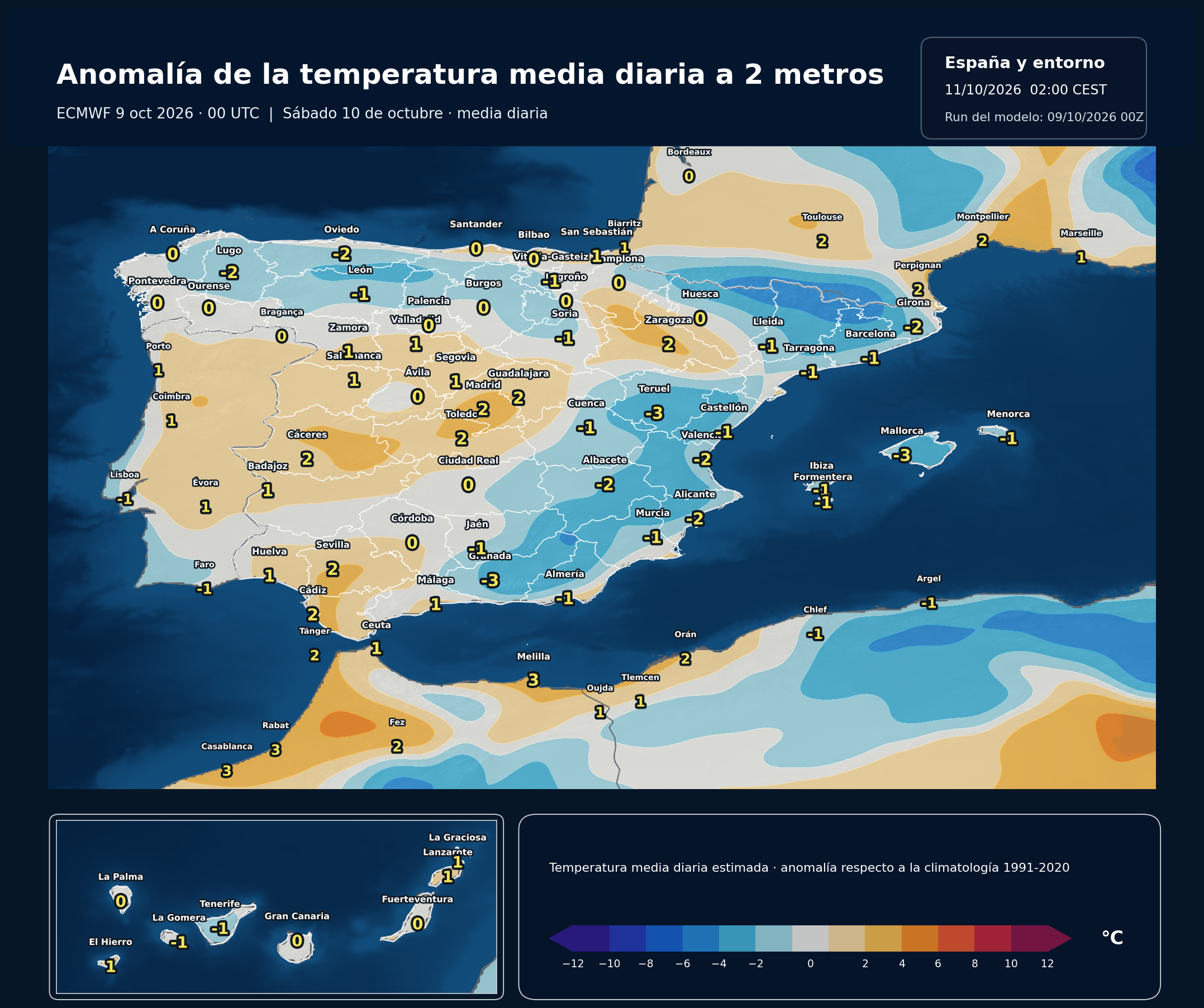 Anomalías térmicas previstas en España para el sábado 10 de octubre según el modelo europeo
