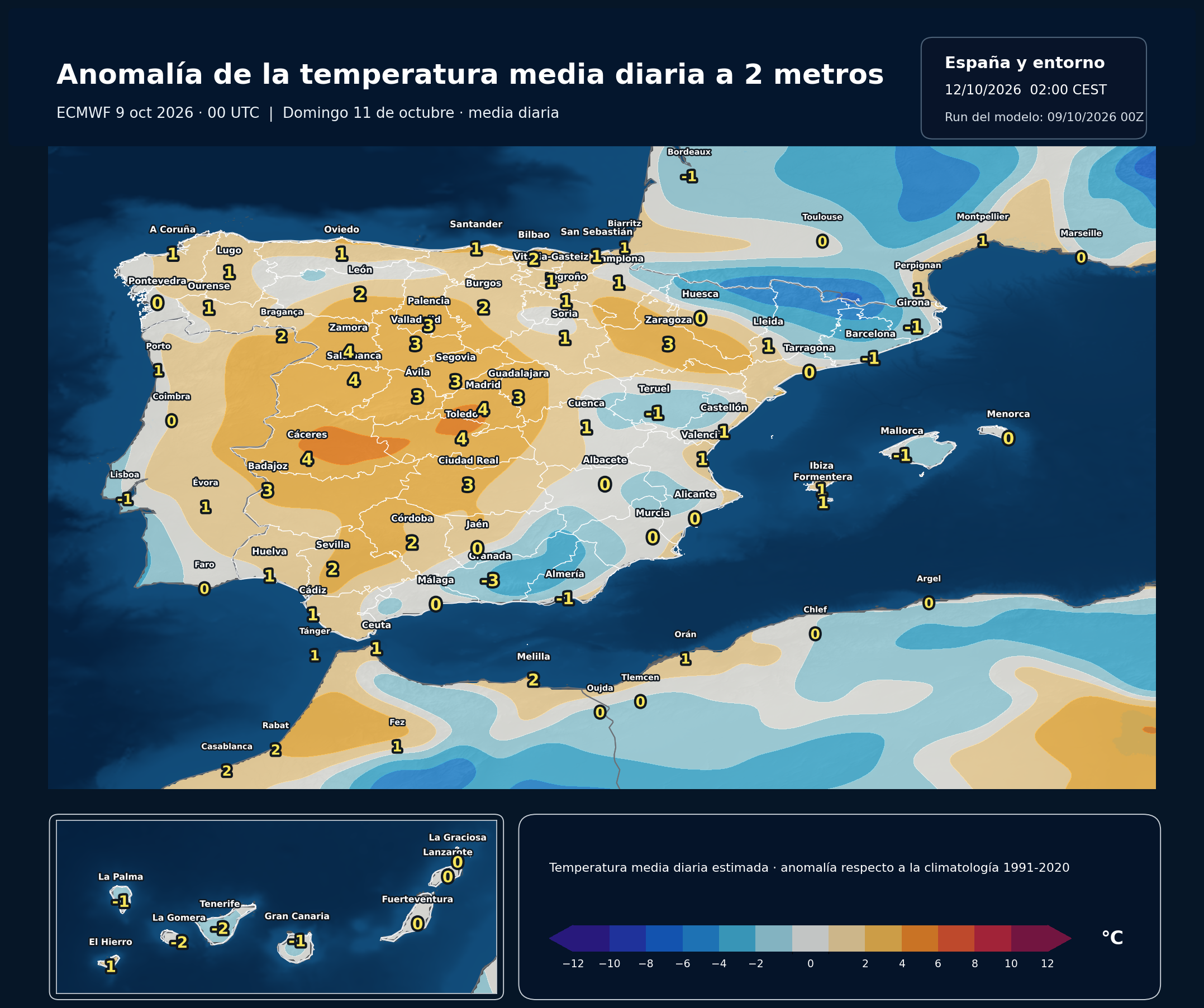 Anomalías térmicas previstas en España para el domingo 11 de octubre según el modelo europeo