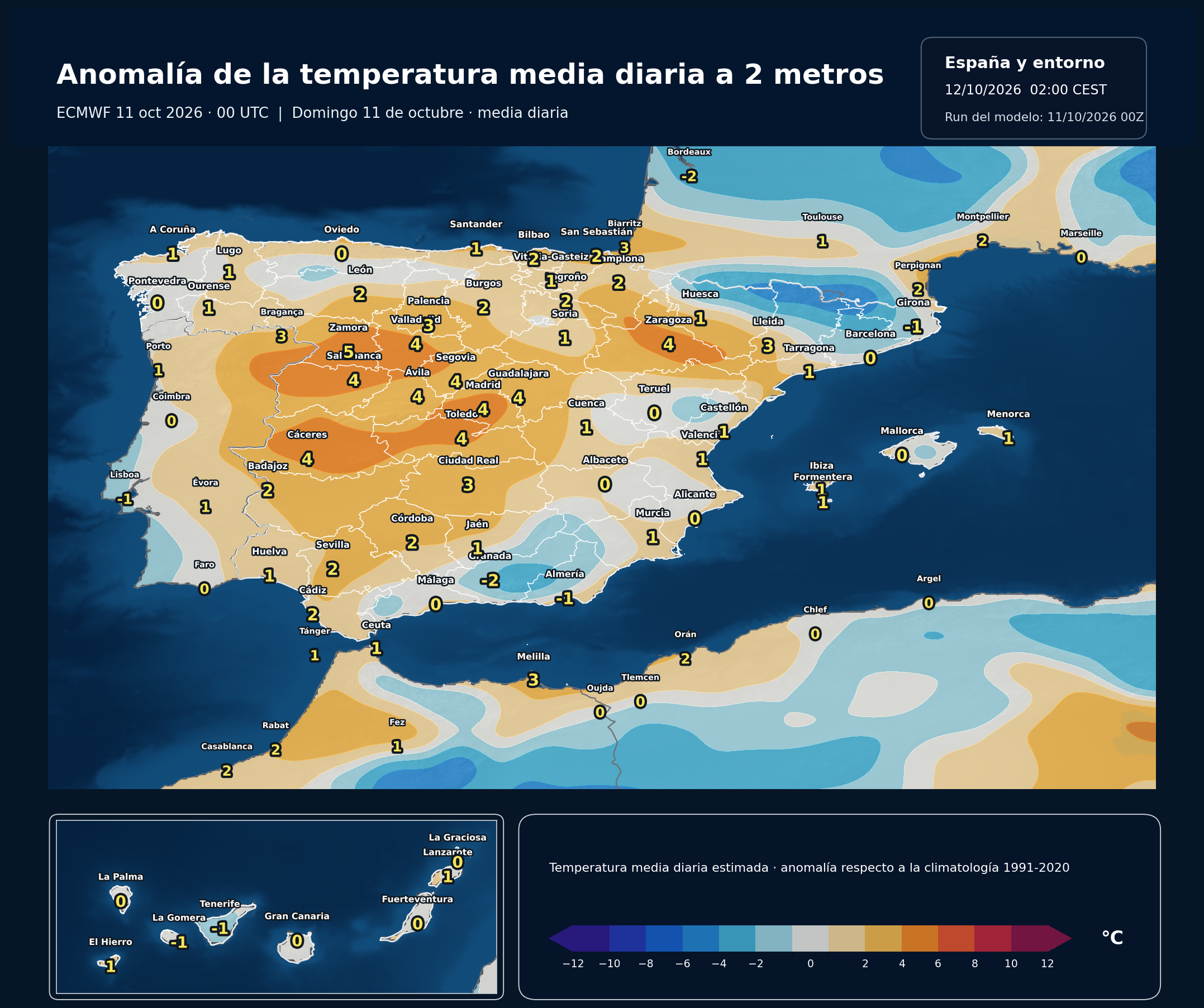 Anomalías térmicas previstas en España para el domingo 11 de octubre según el modelo europeo