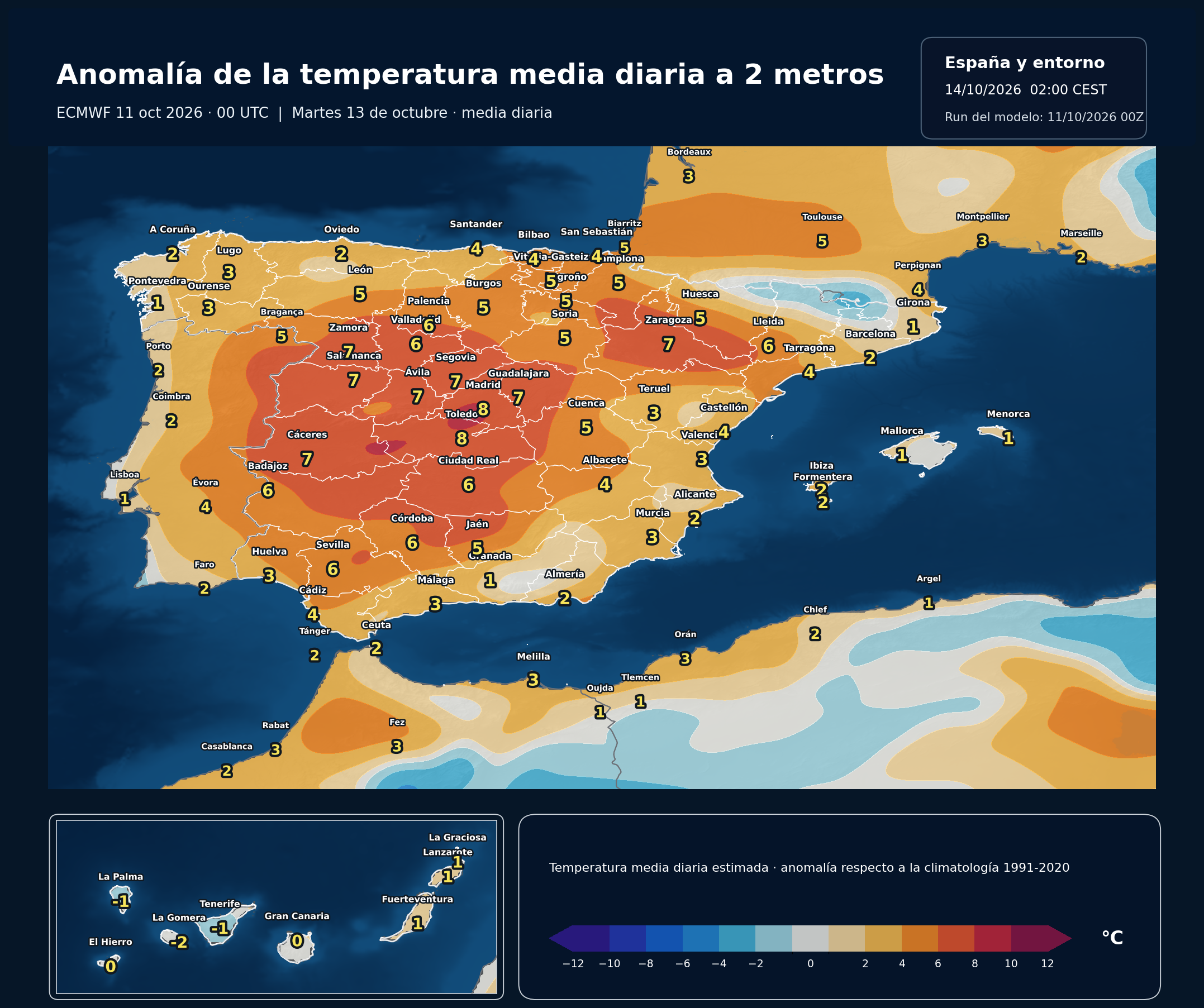 Anomalías térmicas previstas en España para el martes 13 de octubre según el modelo europeo