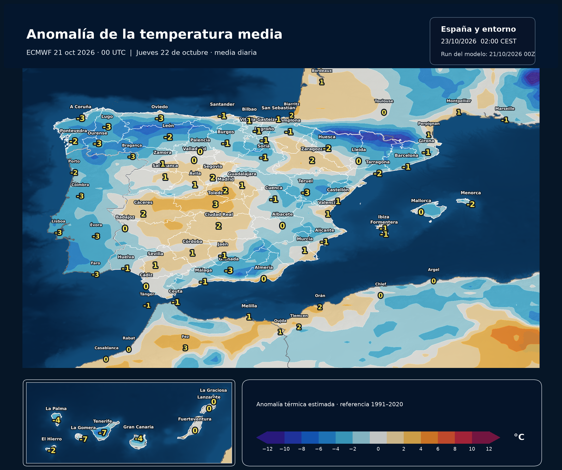 Anomal&iacute;a de la temperatura media diaria estimada frente a 1991&ndash;2020 del 22 de octubre. Modelo europeo ECMWF, salida del 21 de octubre a las 00 UTC. Meteovigo. Referencia clim&aacute;tica NOAA/NCEP 1991&ndash;2020.
