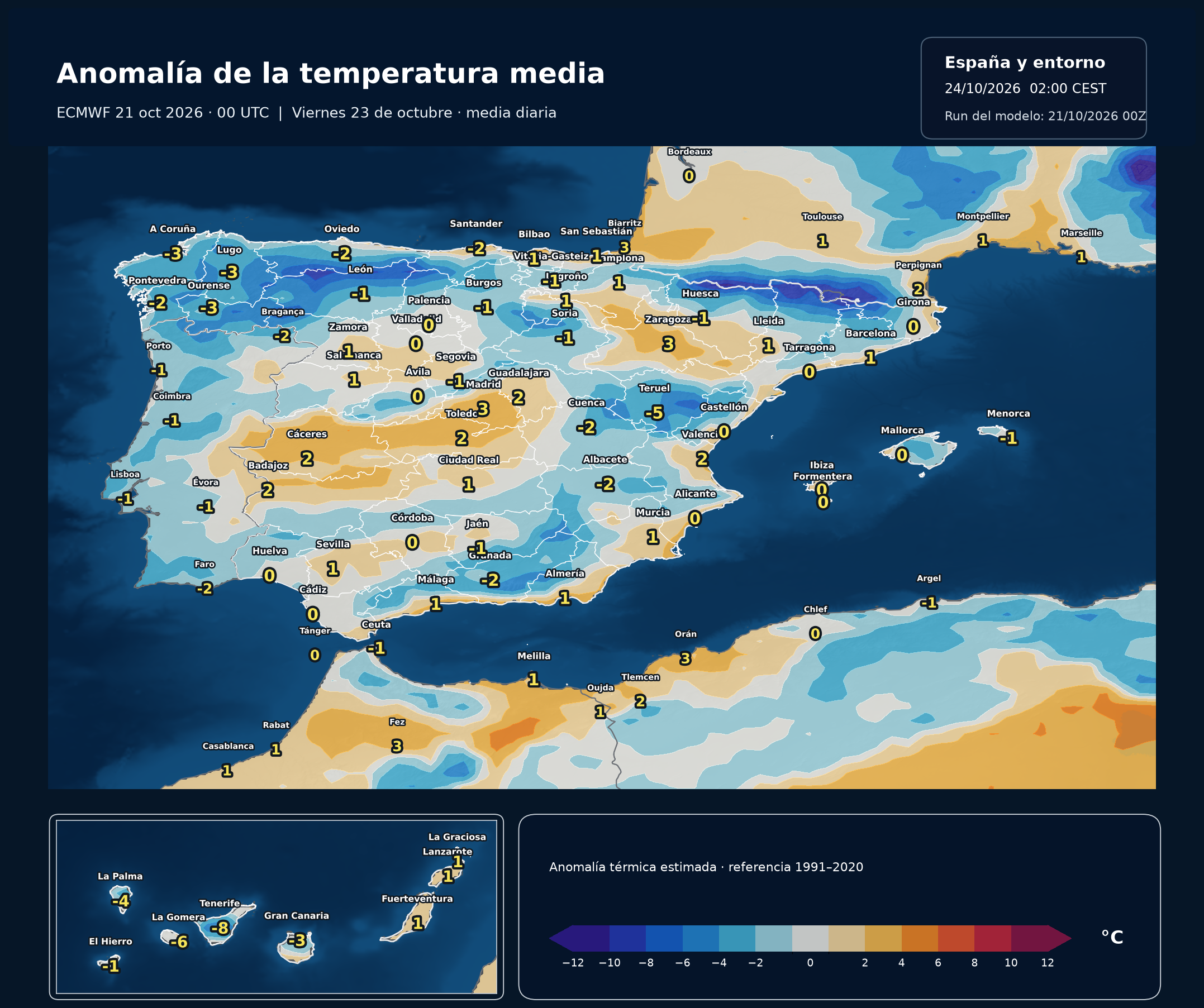Anomal&iacute;a de la temperatura media diaria estimada frente a 1991&ndash;2020 del 23 de octubre. Modelo europeo ECMWF, salida del 21 de octubre a las 00 UTC. Meteovigo. Referencia clim&aacute;tica NOAA/NCEP 1991&ndash;2020.