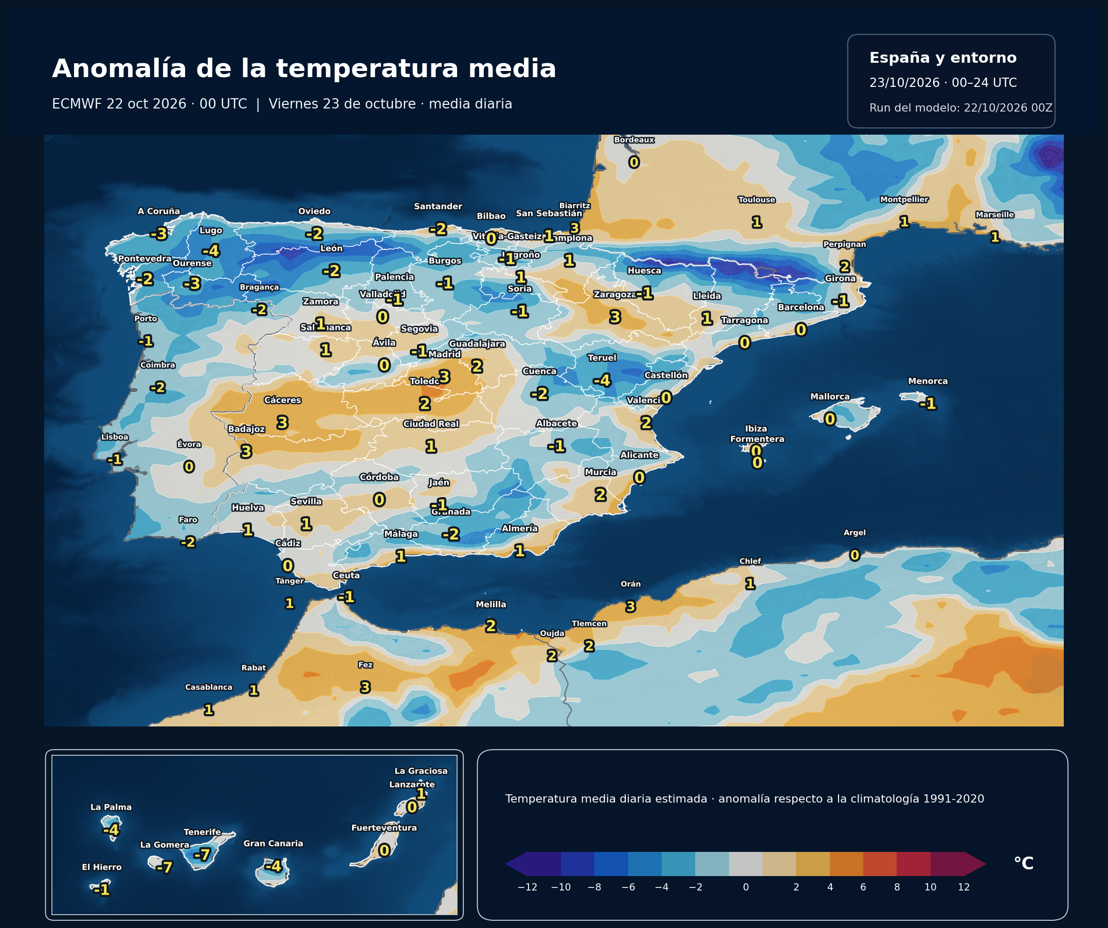 Anomalía regional aproximada de la temperatura media diaria estimada frente a 1991–2020 del 23 de octubre. Modelo europeo ECMWF, salida del 22 de octubre de 2026 a las 00 UTC. Meteovigo. Referencia climática NOAA/NCEP 1991–2020.