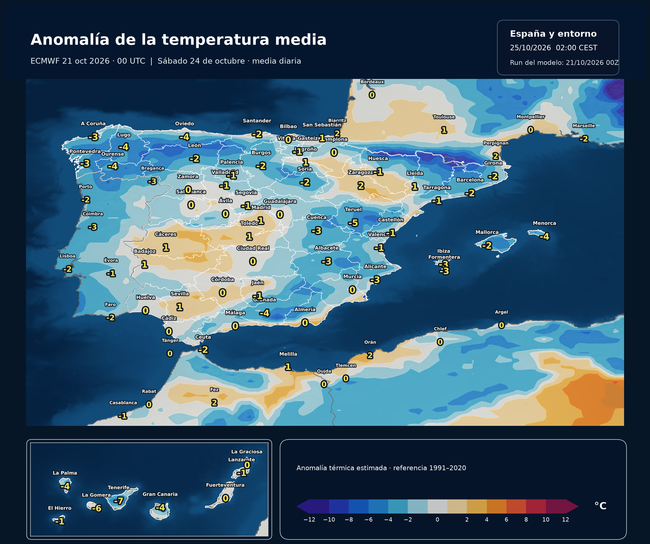 Anomal&iacute;a de la temperatura media diaria estimada frente a 1991&ndash;2020 del 24 de octubre. Modelo europeo ECMWF, salida del 21 de octubre a las 00 UTC. Meteovigo. Referencia clim&aacute;tica NOAA/NCEP 1991&ndash;2020.