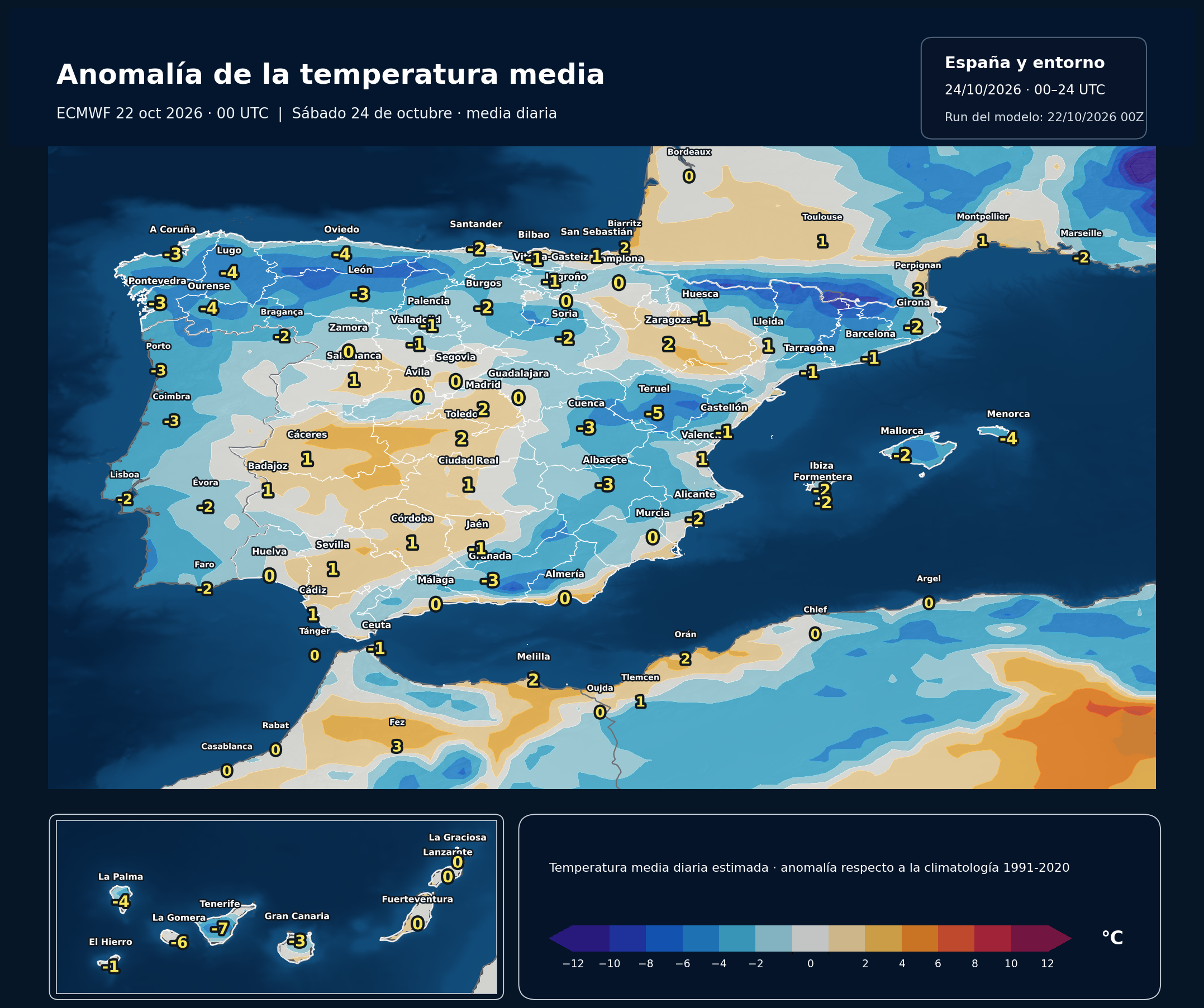 Anomalía regional aproximada de la temperatura media diaria estimada frente a 1991–2020 del 24 de octubre. Modelo europeo ECMWF, salida del 22 de octubre de 2026 a las 00 UTC. Meteovigo. Referencia climática NOAA/NCEP 1991–2020.