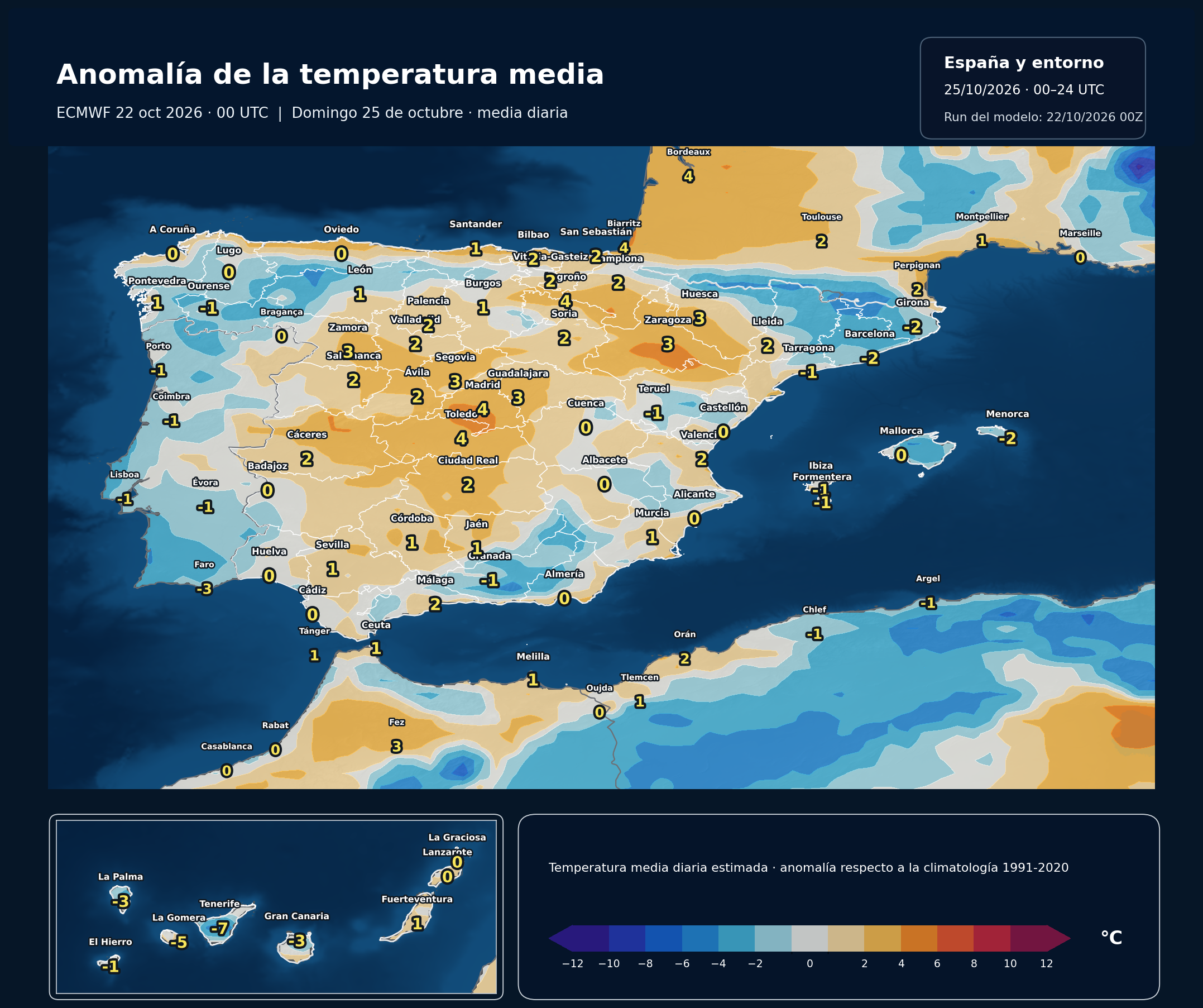 Anomalía regional aproximada de la temperatura media diaria estimada frente a 1991–2020 del 25 de octubre. Modelo europeo ECMWF, salida del 22 de octubre de 2026 a las 00 UTC. Meteovigo. Referencia climática NOAA/NCEP 1991–2020.
