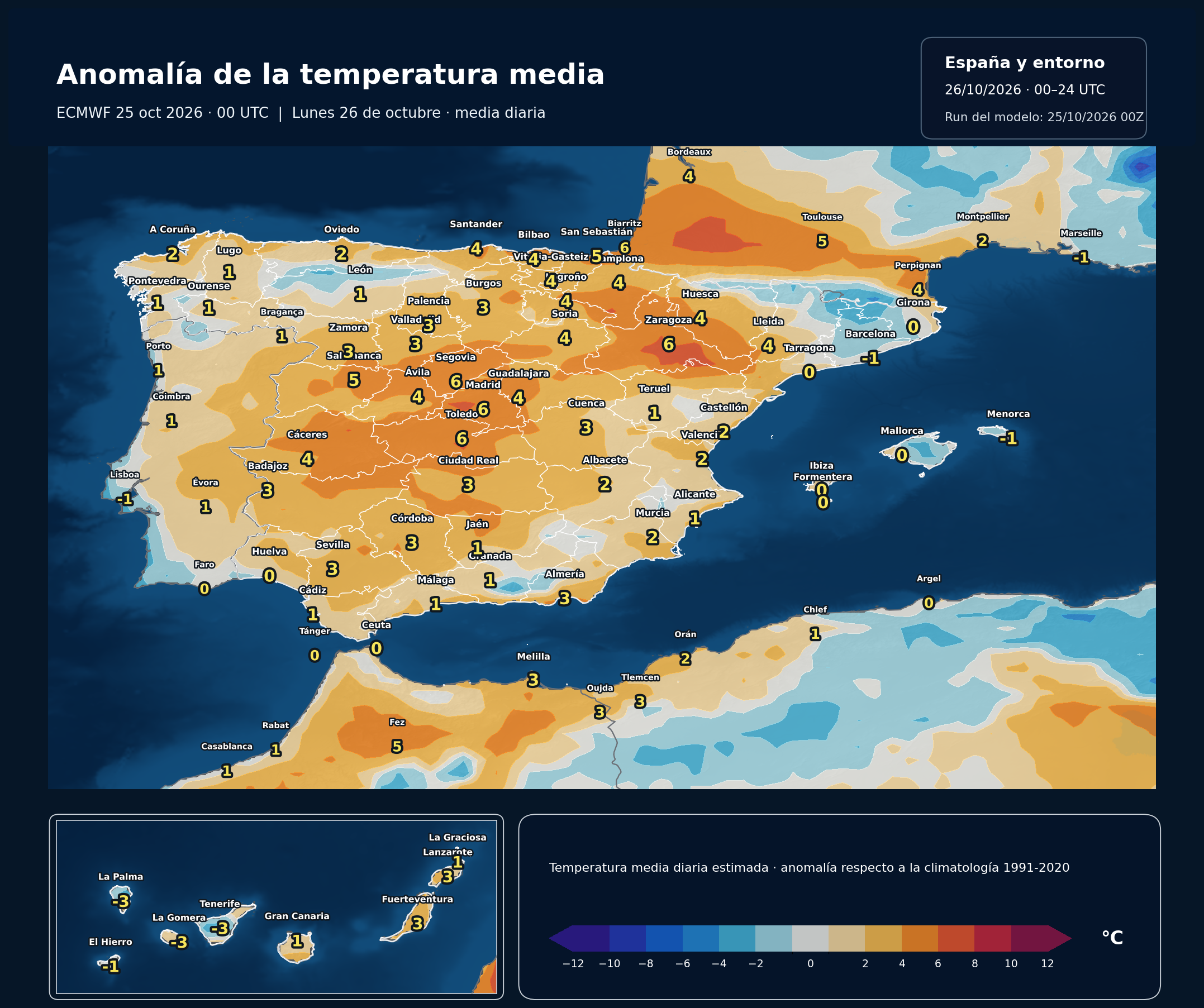 Anomalía regional estimada de la temperatura media respecto a 1991–2020. 26 de octubre de 2026, 00–24 UTC. ECMWF IFS, salida del 25 de octubre a las 00 UTC. Fuente: ECMWF y NOAA/NCEP.