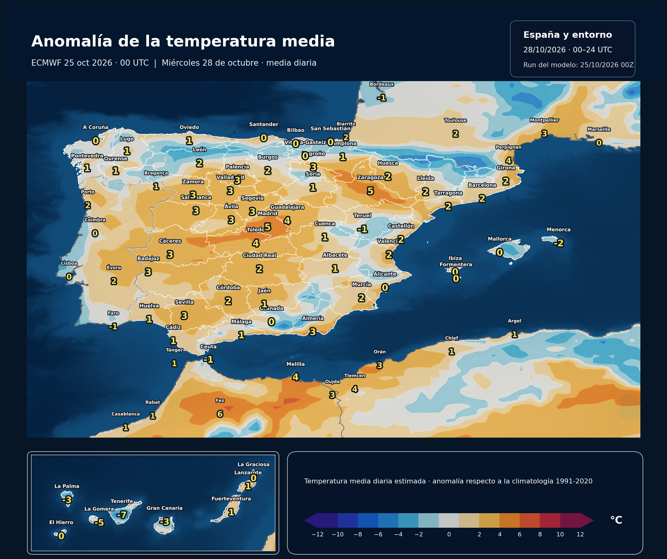 Anomalía regional estimada de la temperatura media respecto a 1991–2020. 28 de octubre de 2026, 00–24 UTC. ECMWF IFS, salida del 25 de octubre a las 00 UTC. Fuente: ECMWF y NOAA/NCEP.