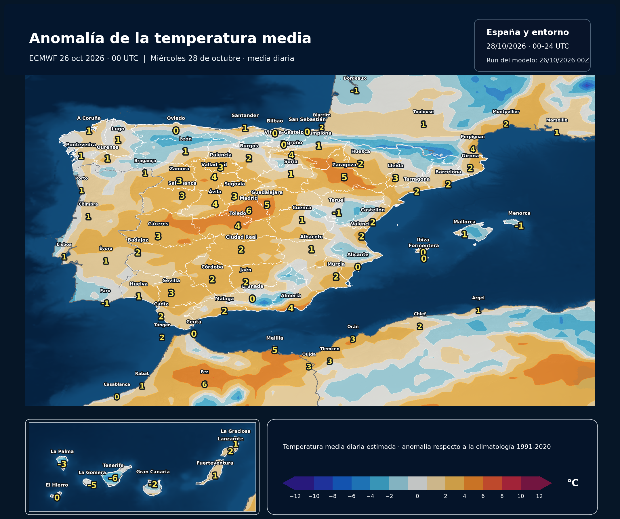 Anomalía regional estimada de la temperatura media respecto a 1991–2020. 28 de octubre de 2026, 00–24 UTC. ECMWF IFS, salida del 26 de octubre a las 00 UTC. Fuente: ECMWF y NOAA/NCEP.