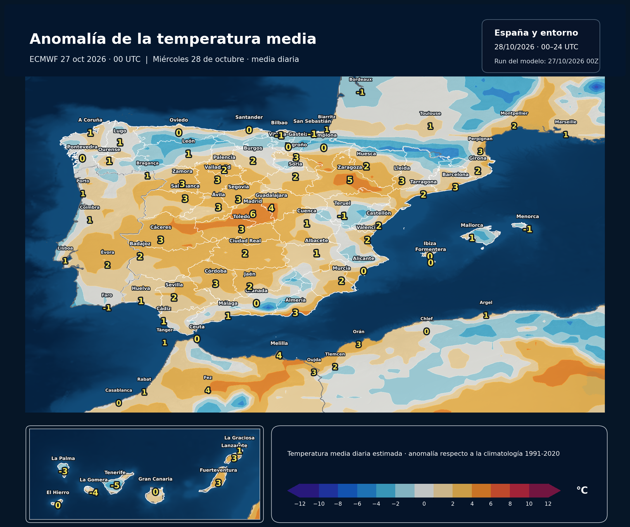 Anomalía regional estimada de la temperatura media respecto a 1991–2020. 28 de octubre de 2026, 00–24 UTC. ECMWF IFS, salida del 27 de octubre a las 00 UTC. Fuente: ECMWF y NOAA/NCEP.