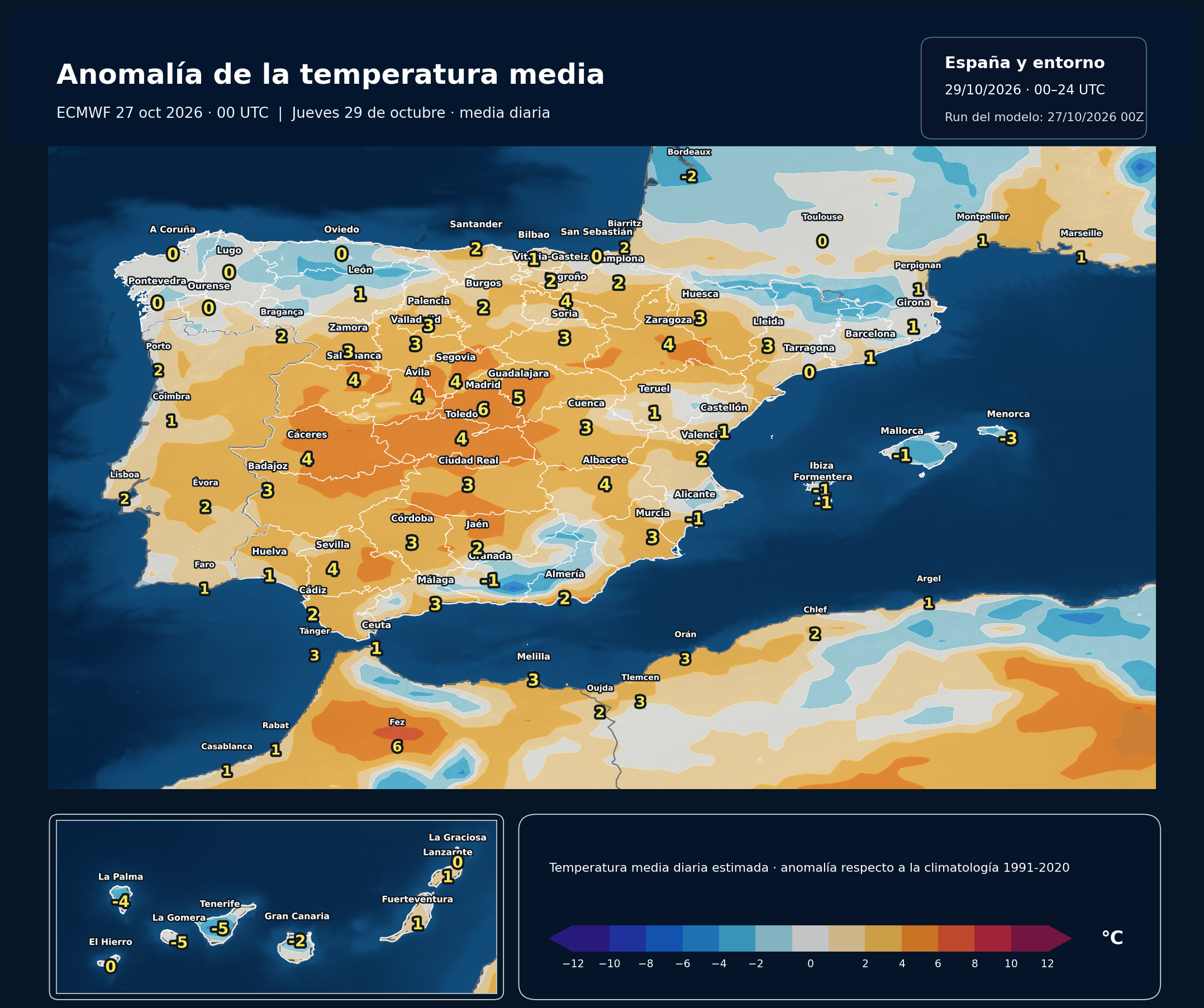 Anomalía regional estimada de la temperatura media respecto a 1991–2020. 29 de octubre de 2026, 00–24 UTC. ECMWF IFS, salida del 27 de octubre a las 00 UTC. Fuente: ECMWF y NOAA/NCEP.