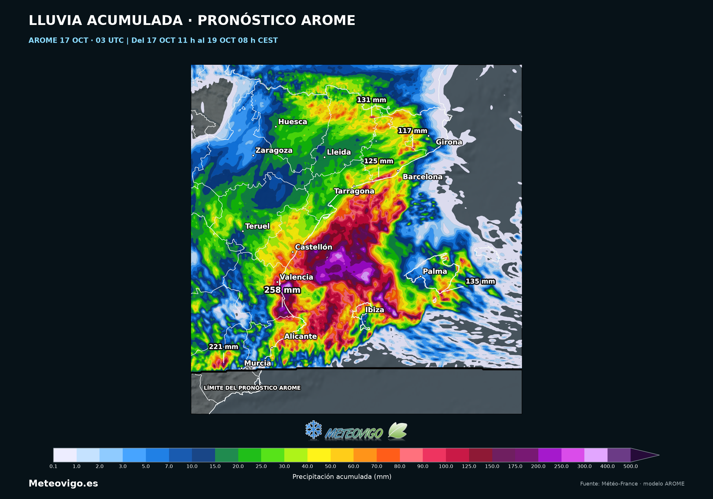 Lluvias previstas por AROME en el Mediterráneo, con Cataluña, Comunidad Valenciana, Murcia y Baleares